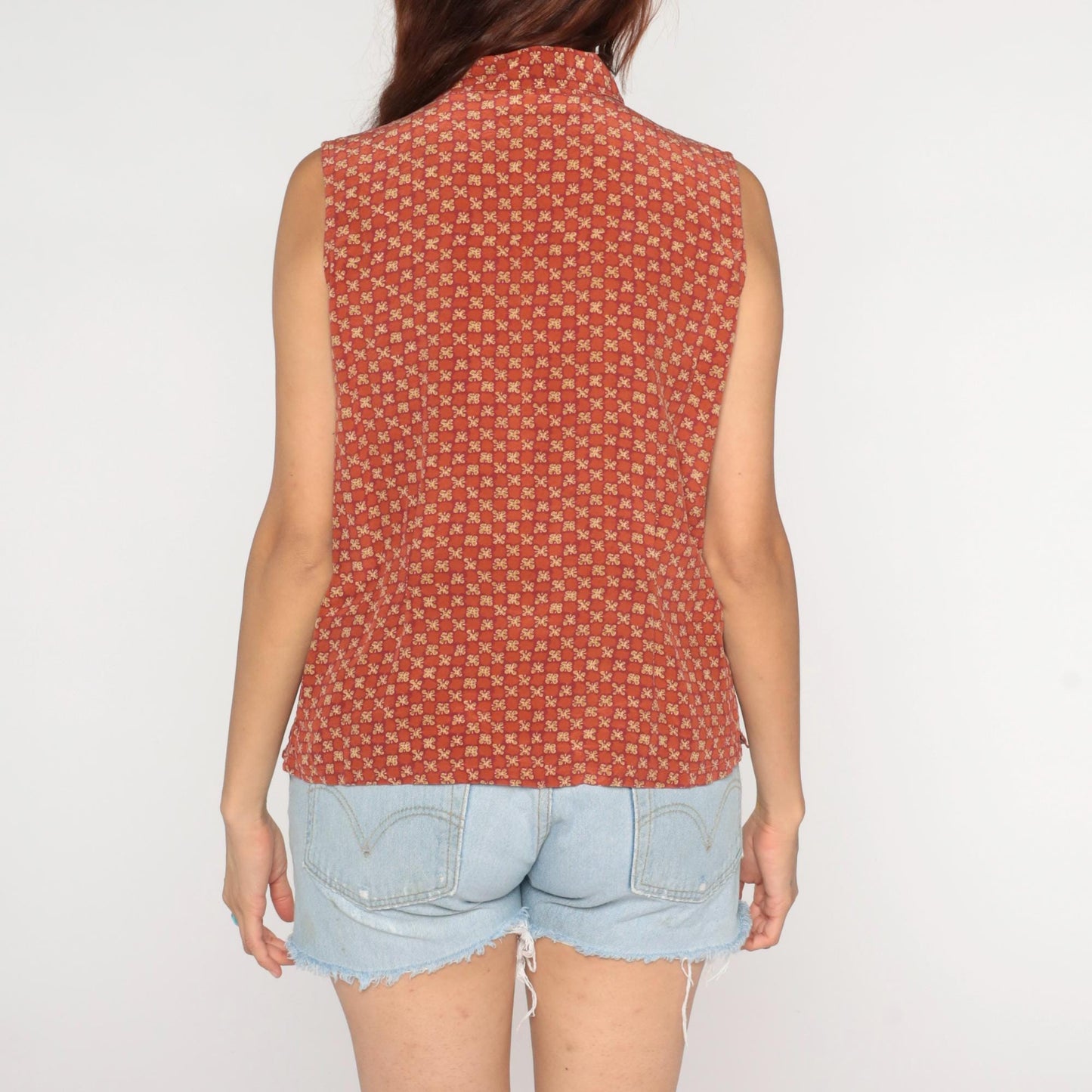 90s Rust Orange Daisy Print Silk Sleeveless Blouse Button-Up Collar Medium