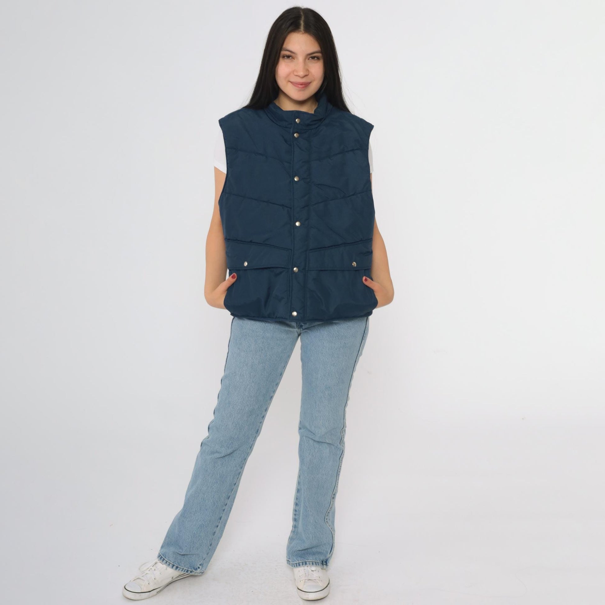 80s CB Navy Puffer Vest Quilted Nylon Snap Front Insulated Large