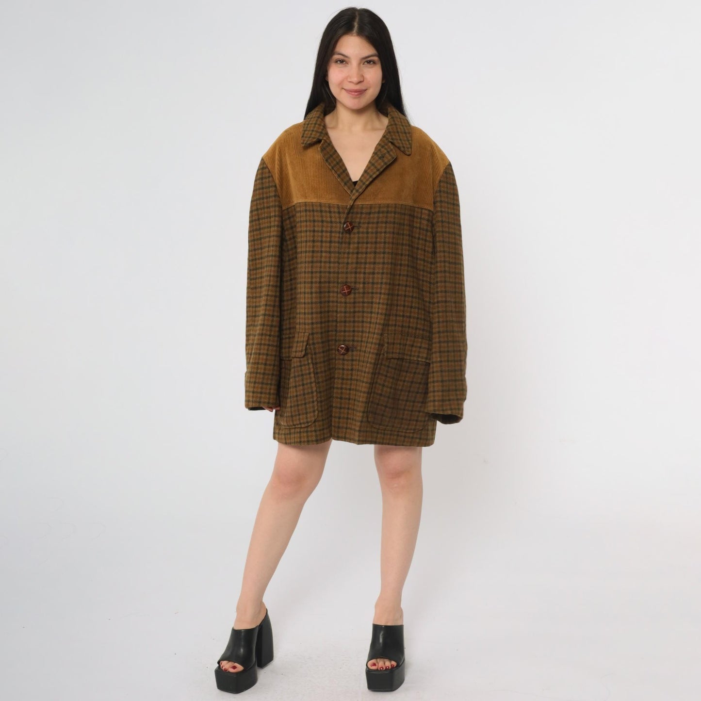 70s Brown Plaid Wool Blazer Corduroy Yoke Jacket Button Front XL