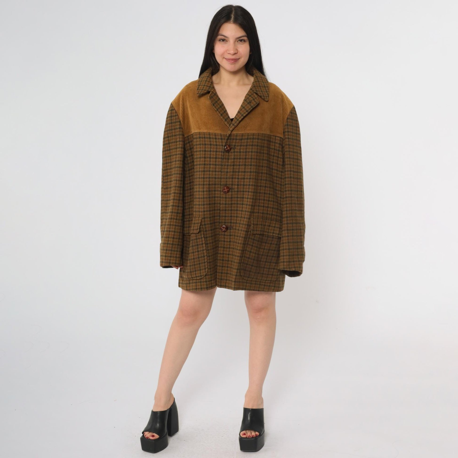 70s Brown Plaid Wool Blazer Corduroy Yoke Jacket Button Front XL