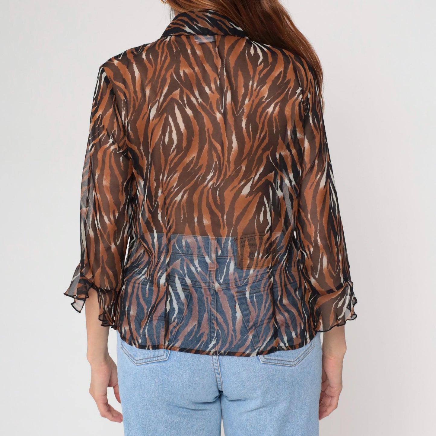 Y2K Tiger Stripe Button-Up Blouse Brown Animal Print Sheer Medium M