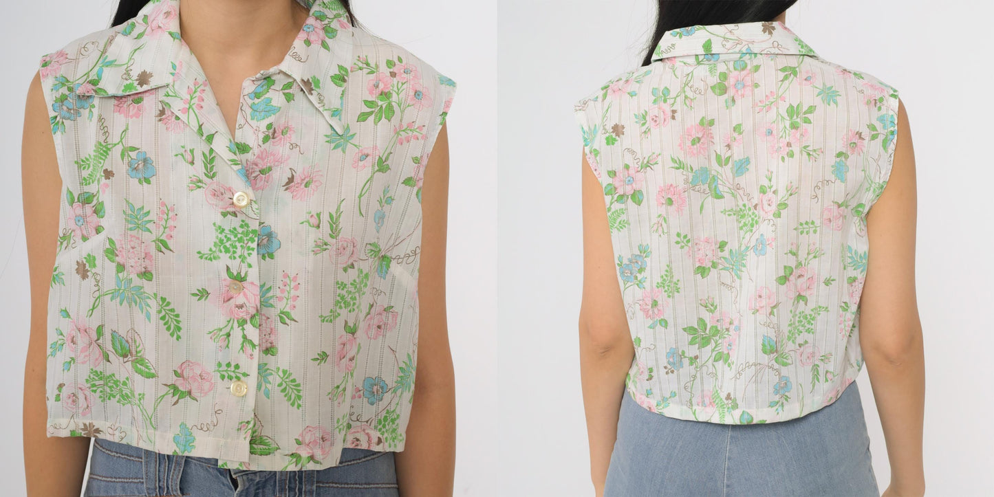70s Lori Lynn Floral Crop Blouse White Collared Button-Up Medium