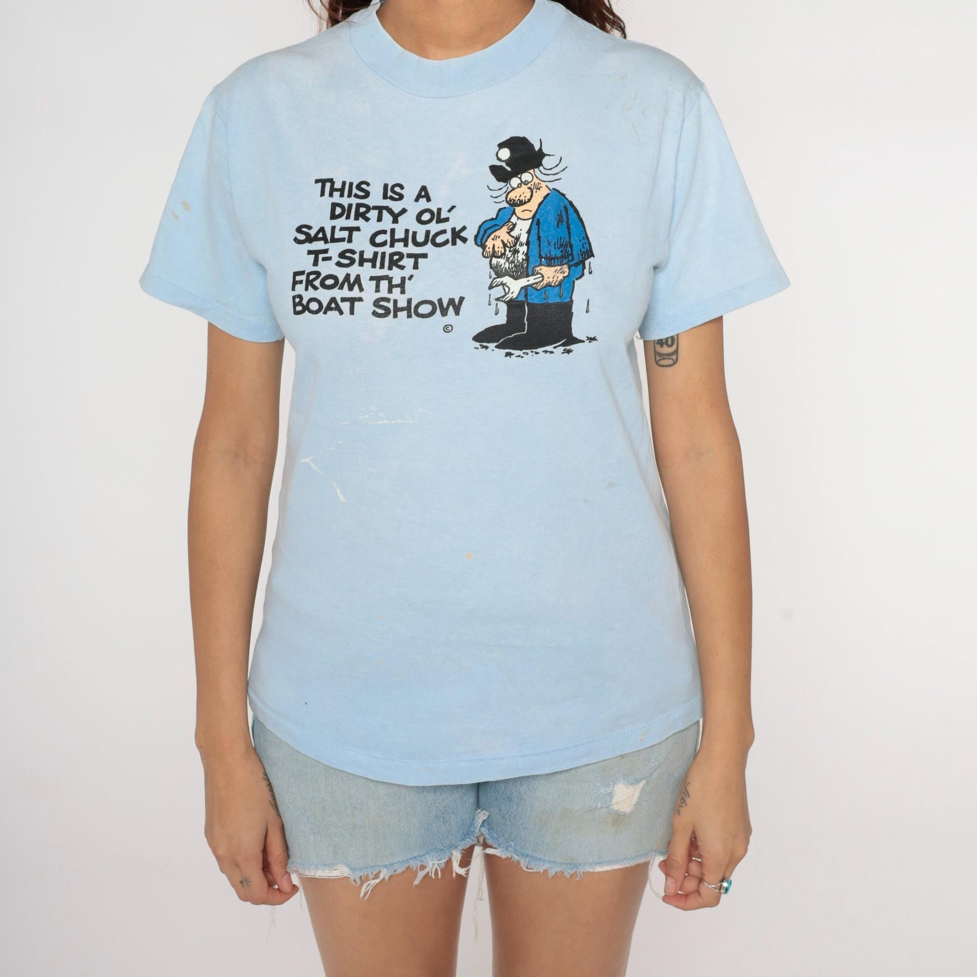 90s Dirty Ol' Salt Chuck Boat Show T-Shirt Light Blue Sailor Graphic Medium