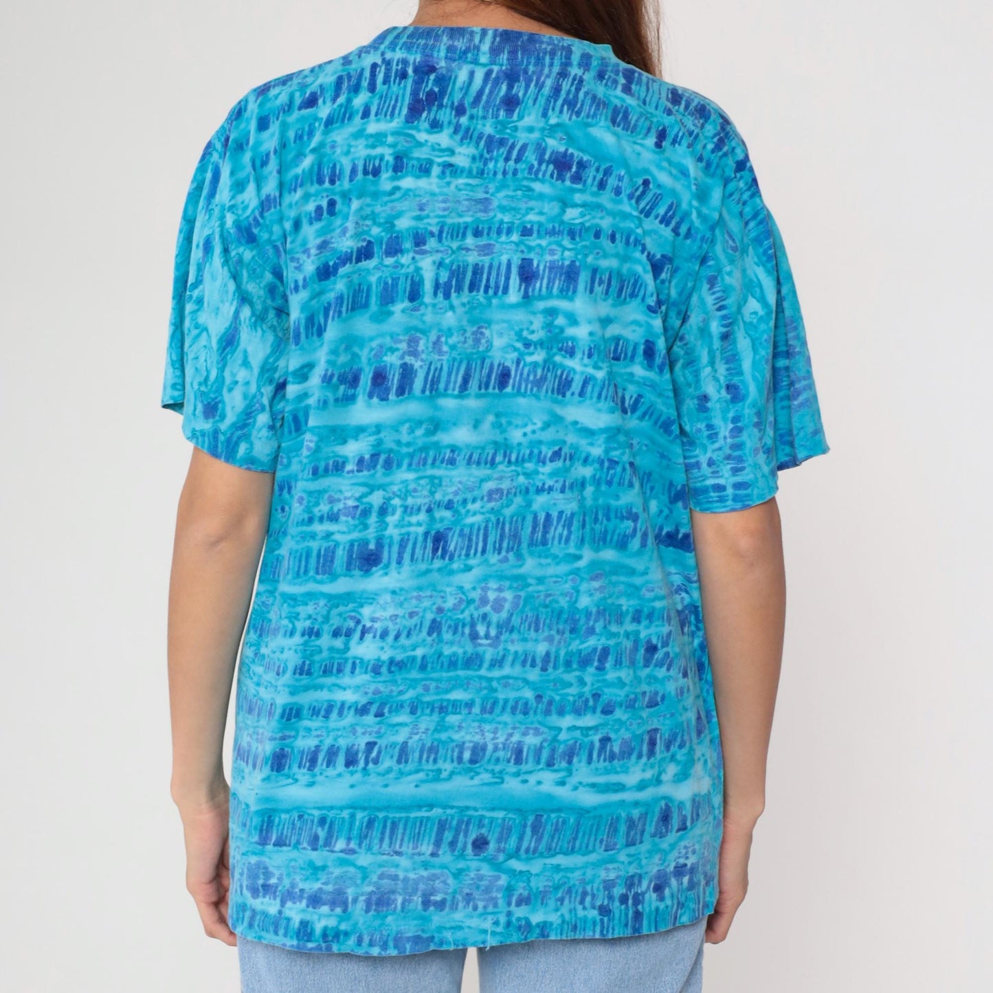 90s Blue Tie Dye Horizontal Stripe Cotton T-Shirt Crew Neck Medium