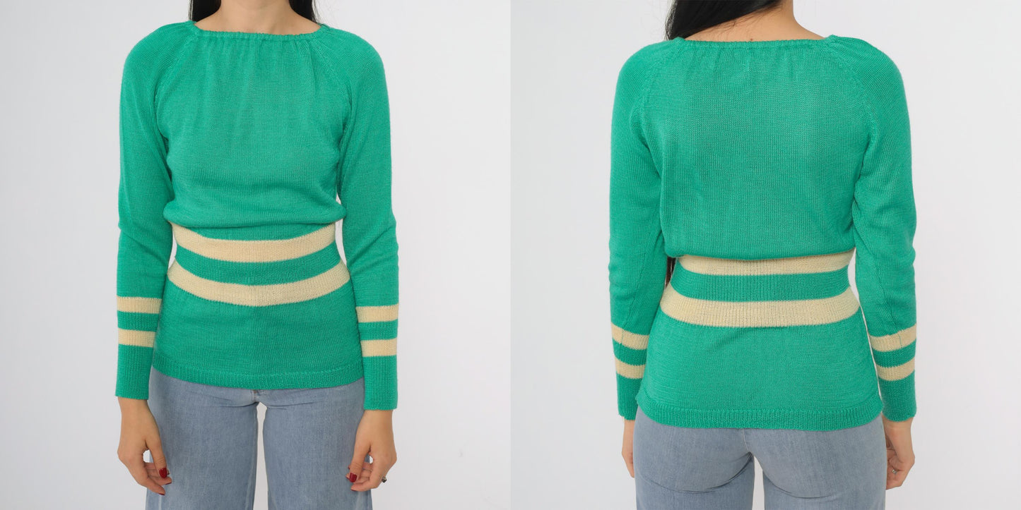 80s Penrose Emerald Green Striped Boat Neck Sweater Cream Small