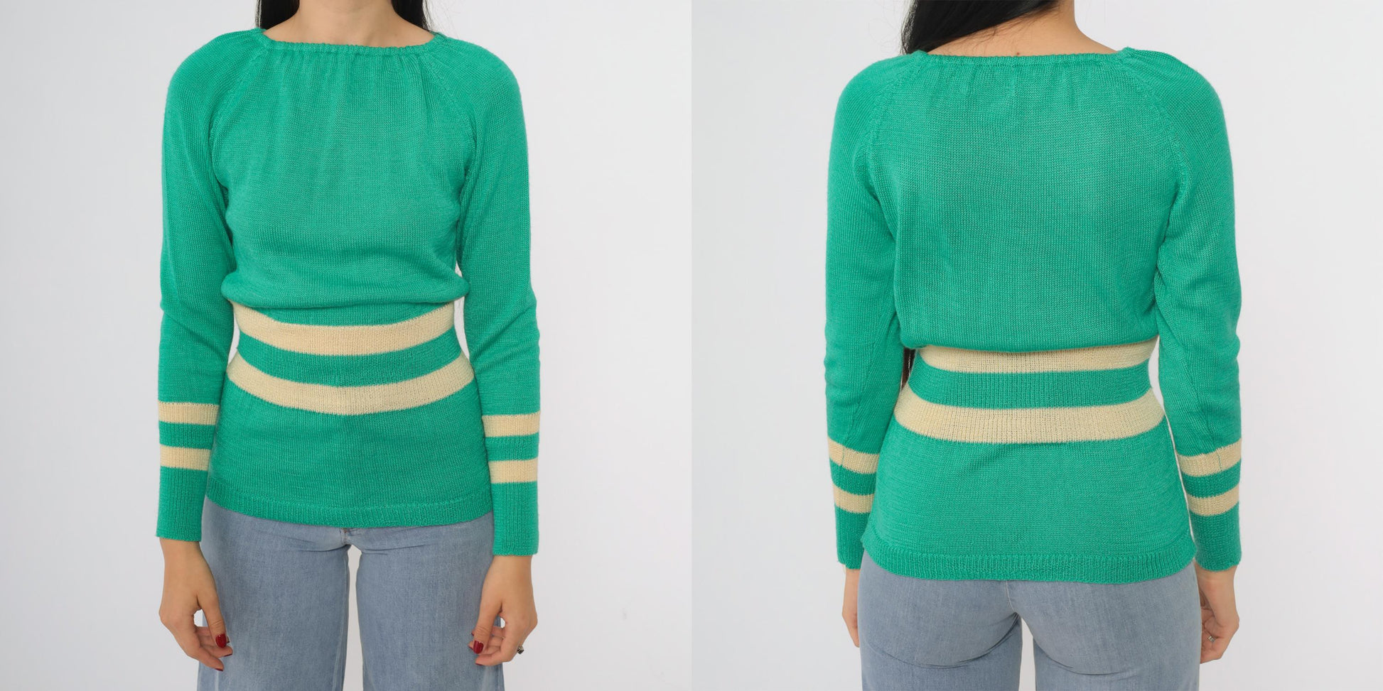 80s Penrose Emerald Green Striped Boat Neck Sweater Cream Small