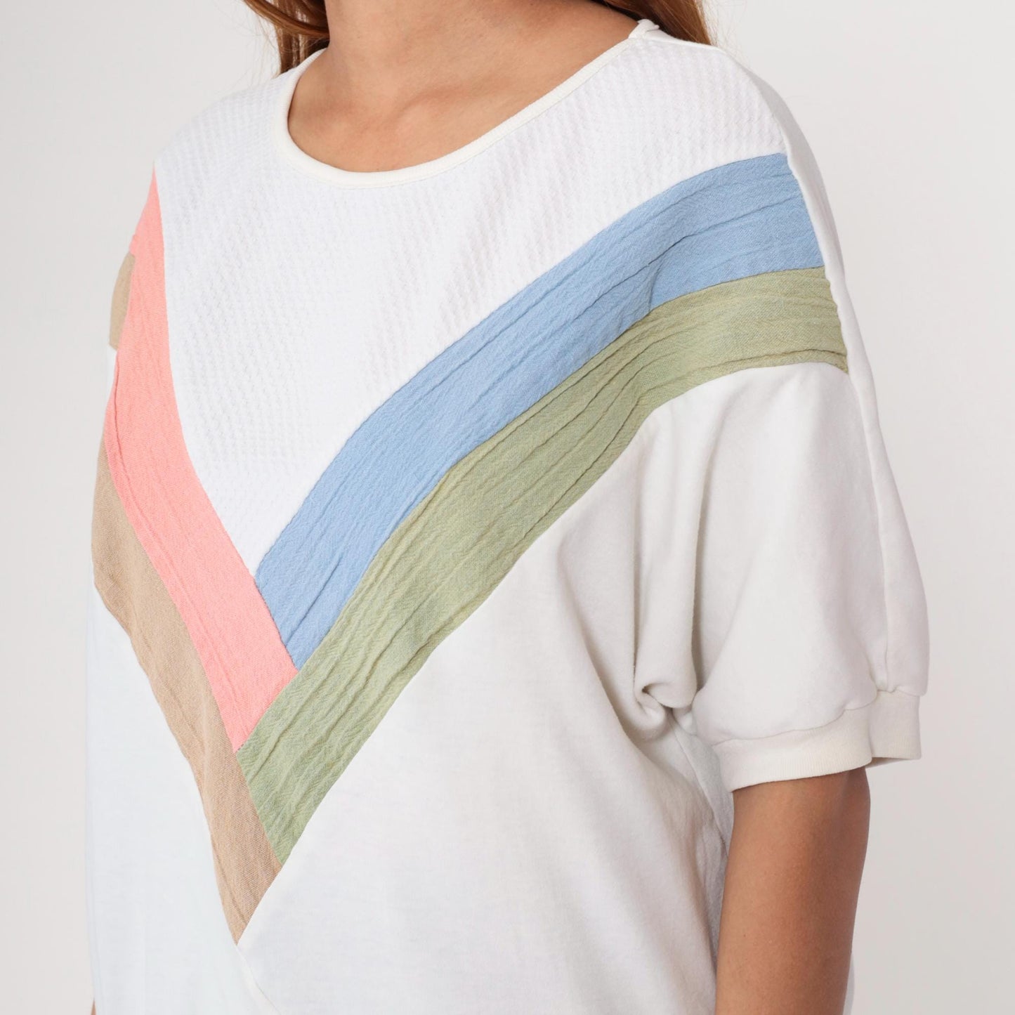90s Pastel Chevron Colorblock Sweatshirt White Pink Blue Short Sleeve Medium