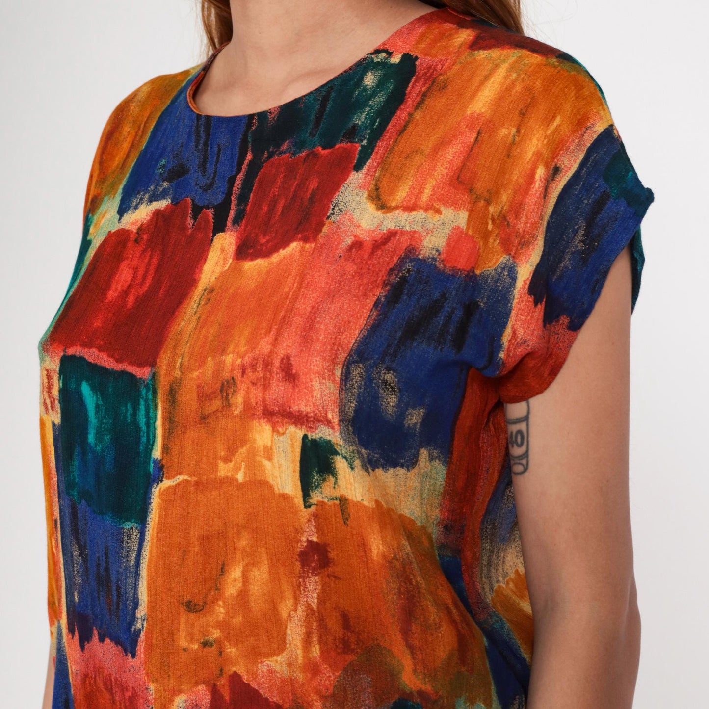 90s Watercolor Abstract Blouse Multicolor Brushstroke Rayon Short Sleeve Small S
