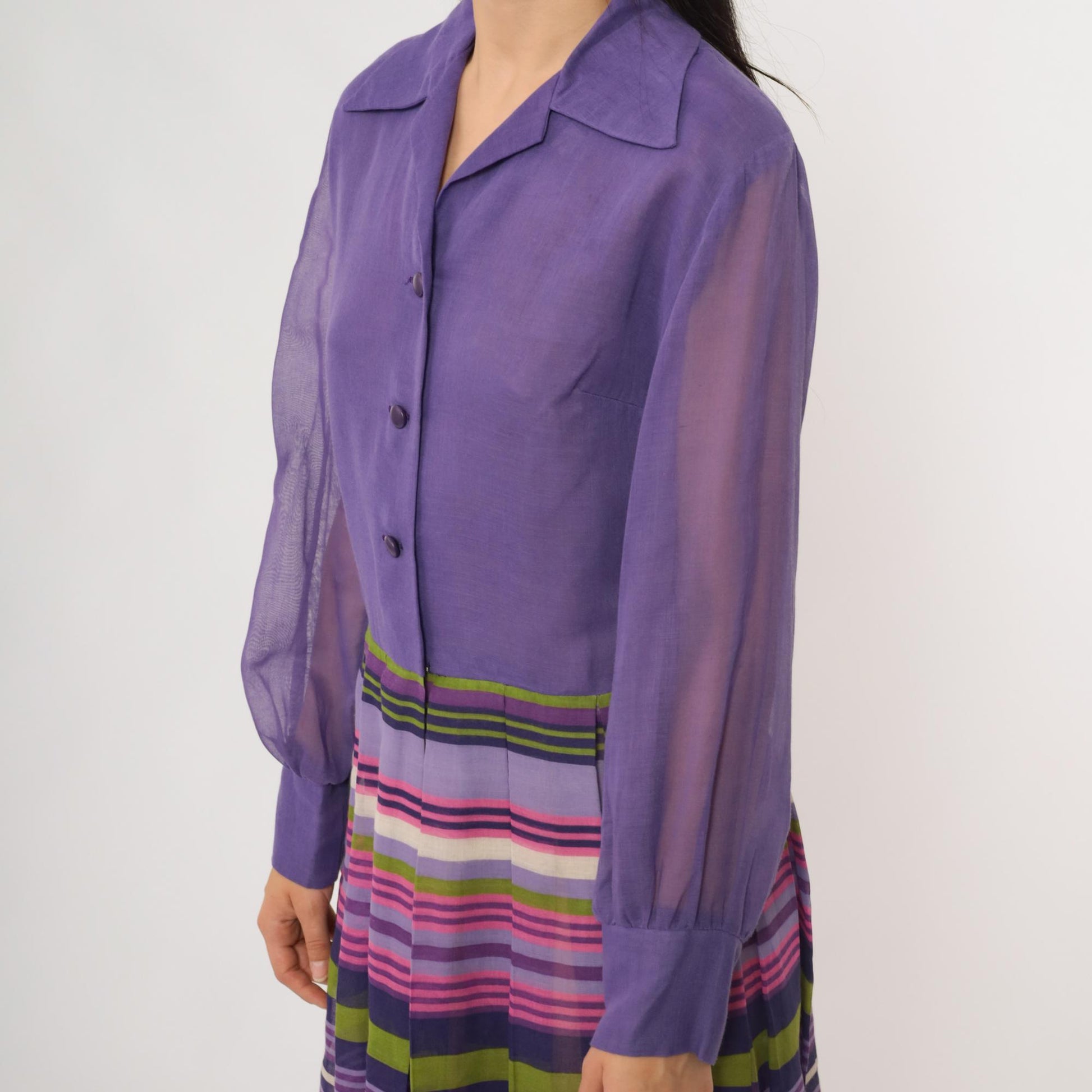 60s Rainbow Stripe Chiffon Midi Dress Button Front Long Sleeve Multicolor Large