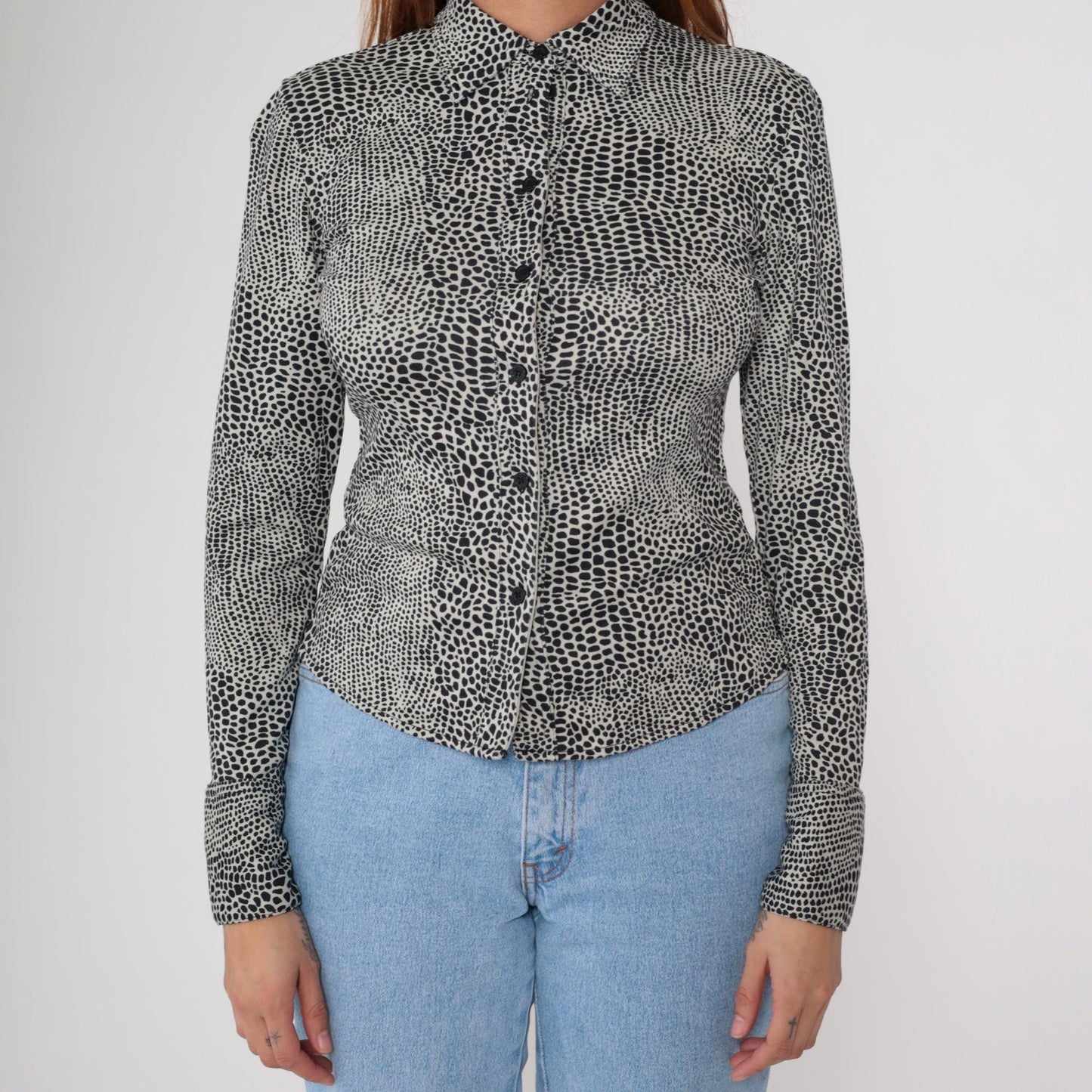 Y2K Alligator Print Button Up Blouse Black White Fitted Long Sleeve Extra Small XS