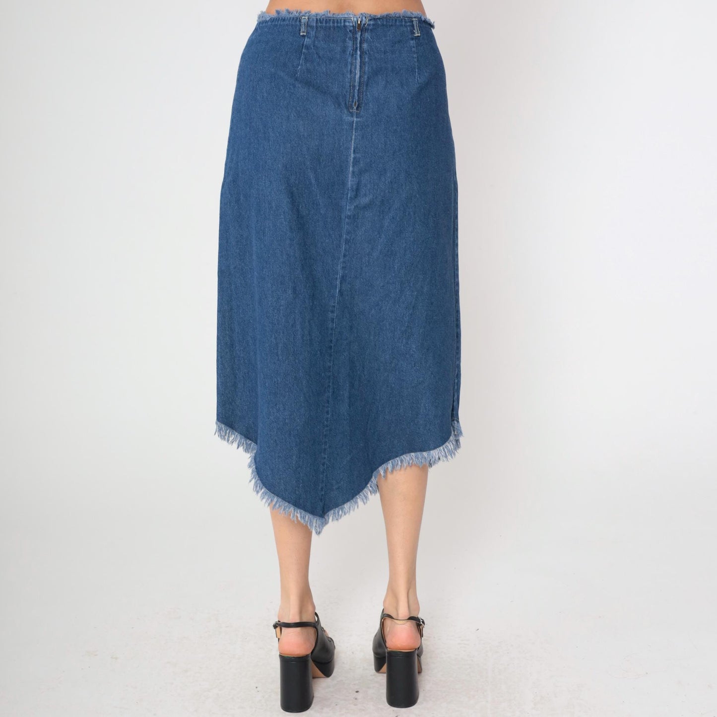 90s Blue Denim Midi Skirt Asymmetrical Frayed Hem Y2K Medium