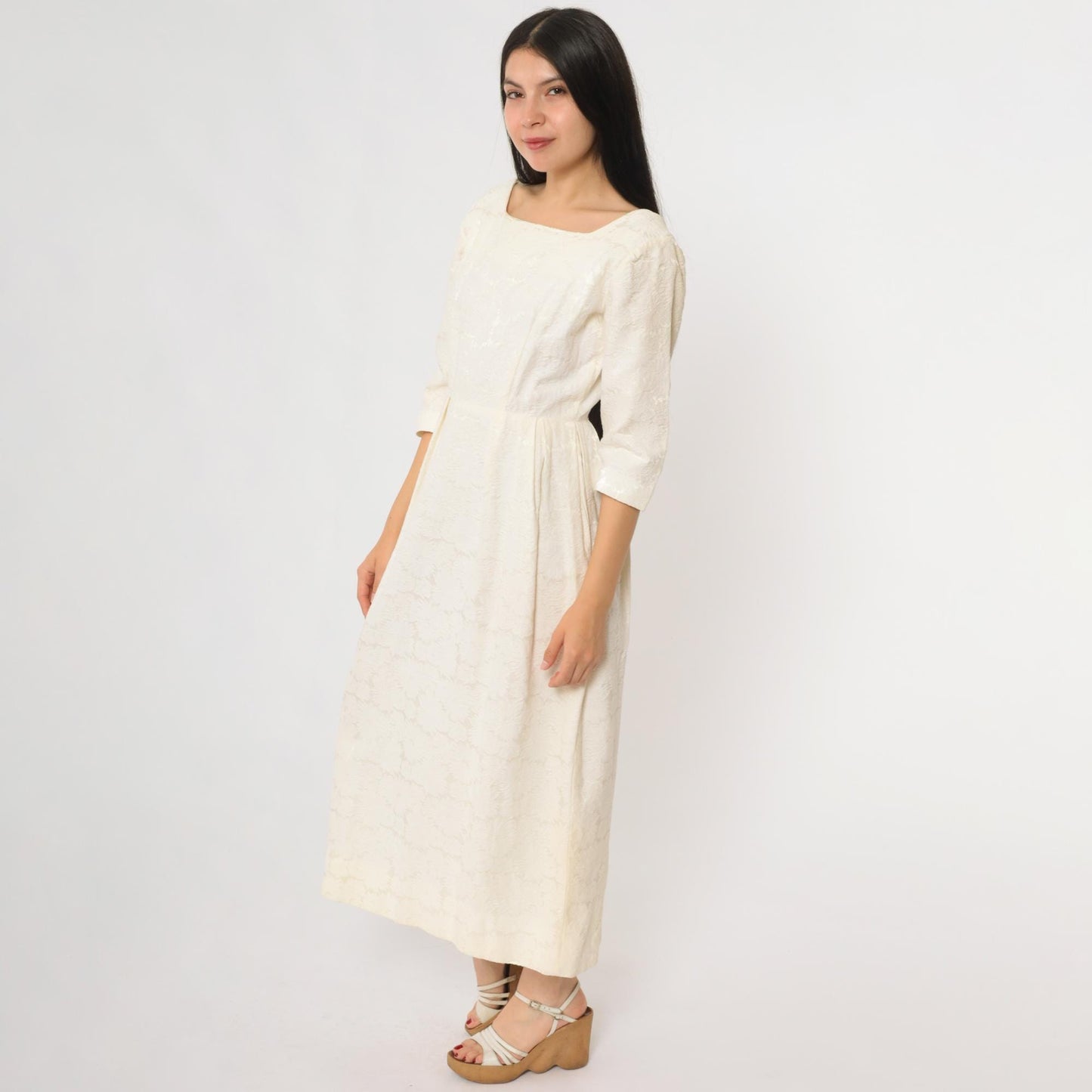 60s Cream Lace Midi Dress Square Neckline Embroidered Small