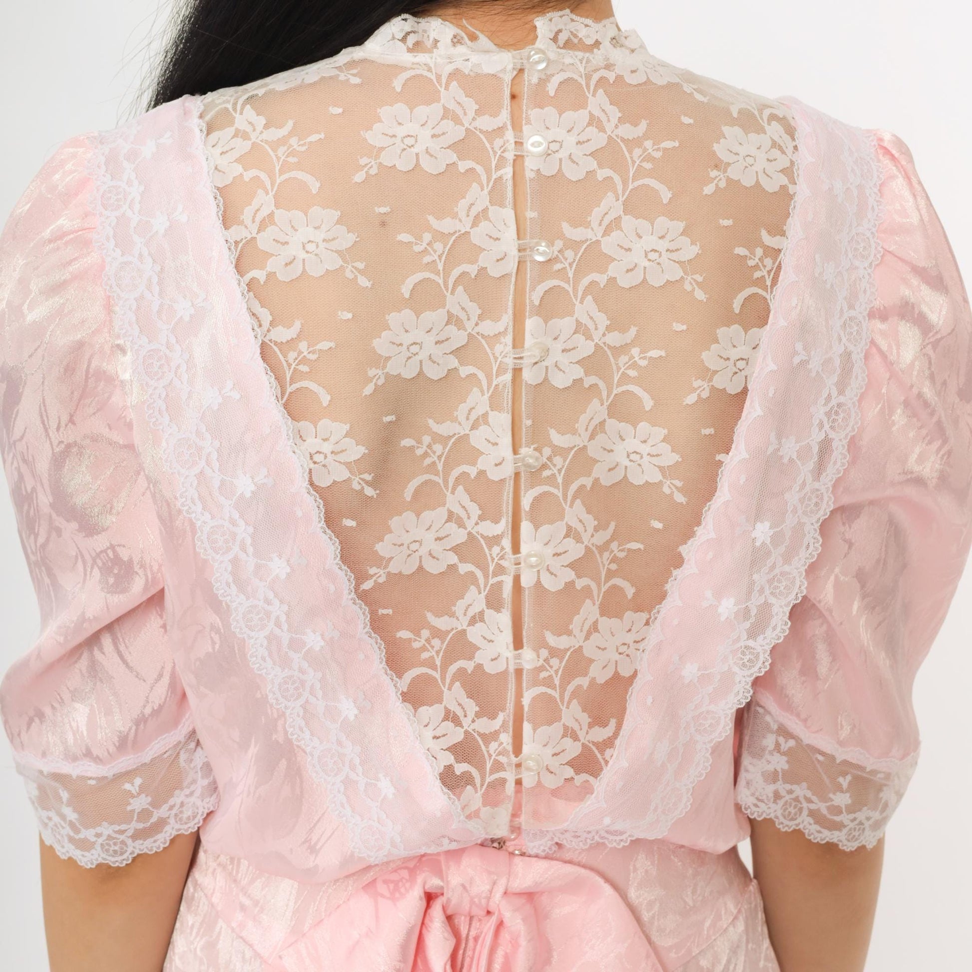80s Pink Lace Midi Dress Puff Sleeve V-Neck Tiered Ruffle Extra Small XS