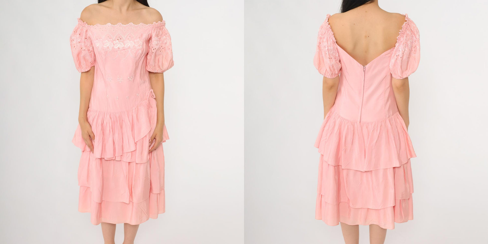 80s Pink Eyelet Midi Dress Off-Shoulder Puff Sleeve Tiered Ruffle Small