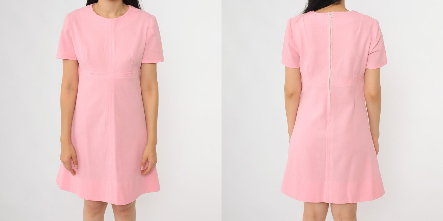 60s Pink Mini Shift Dress Mod Crew Neck A-Line Medium M