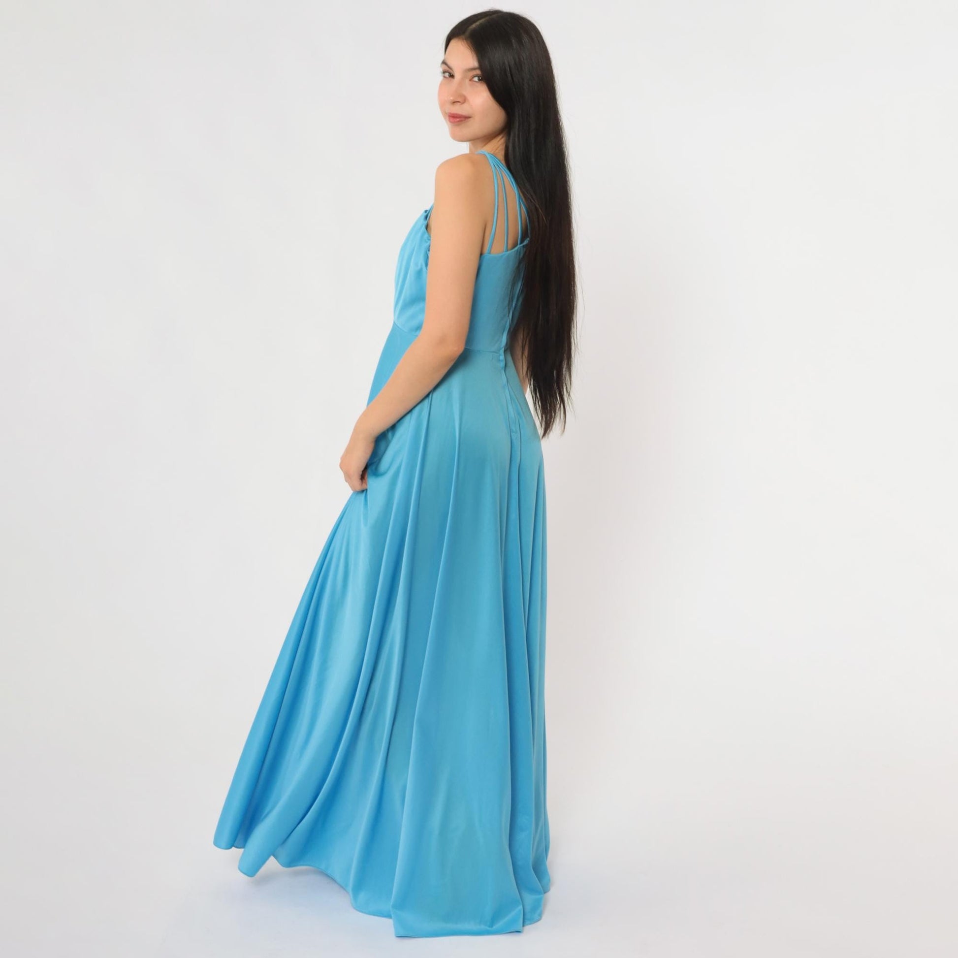 70s Blue Satin One-Shoulder Maxi Dress Draped Bodice Floor Length Small