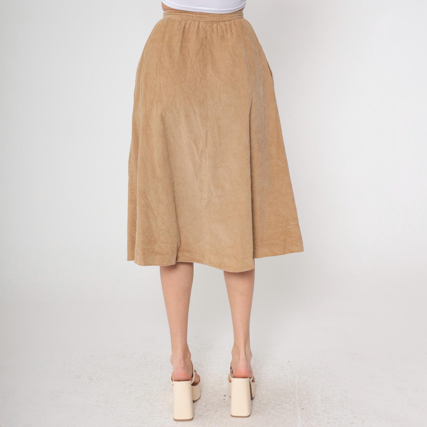 1970s Tan Corduroy Button-Front Midi Skirt High Waist A-Line Pleated Small