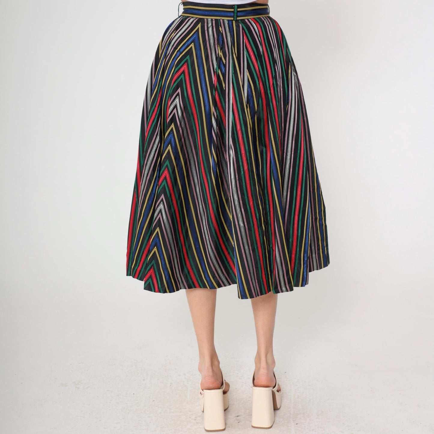 1950s Circle Skirt High Waist Tea Length Striped Rainbow Black Small