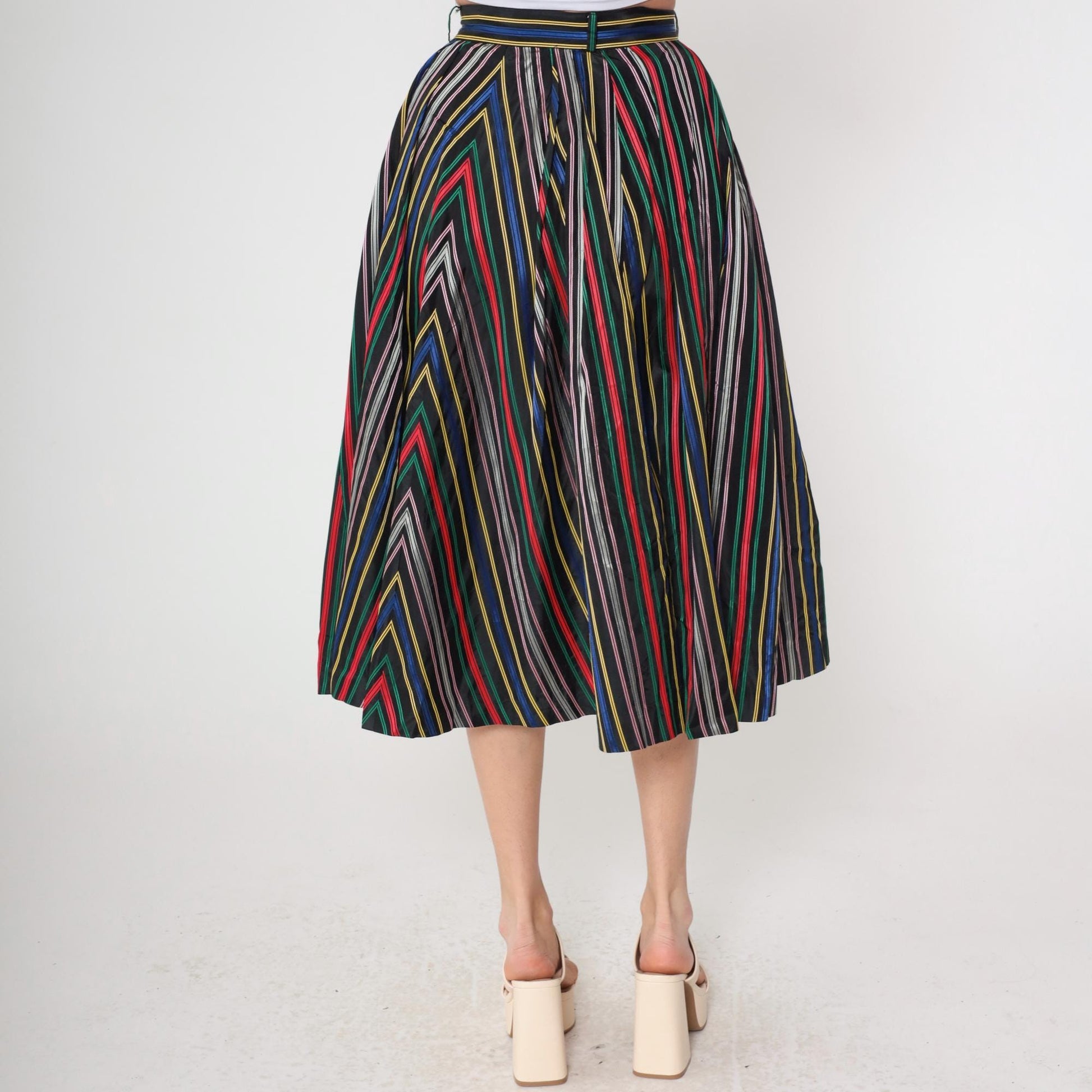 1950s Circle Skirt High Waist Tea Length Striped Rainbow Black Small