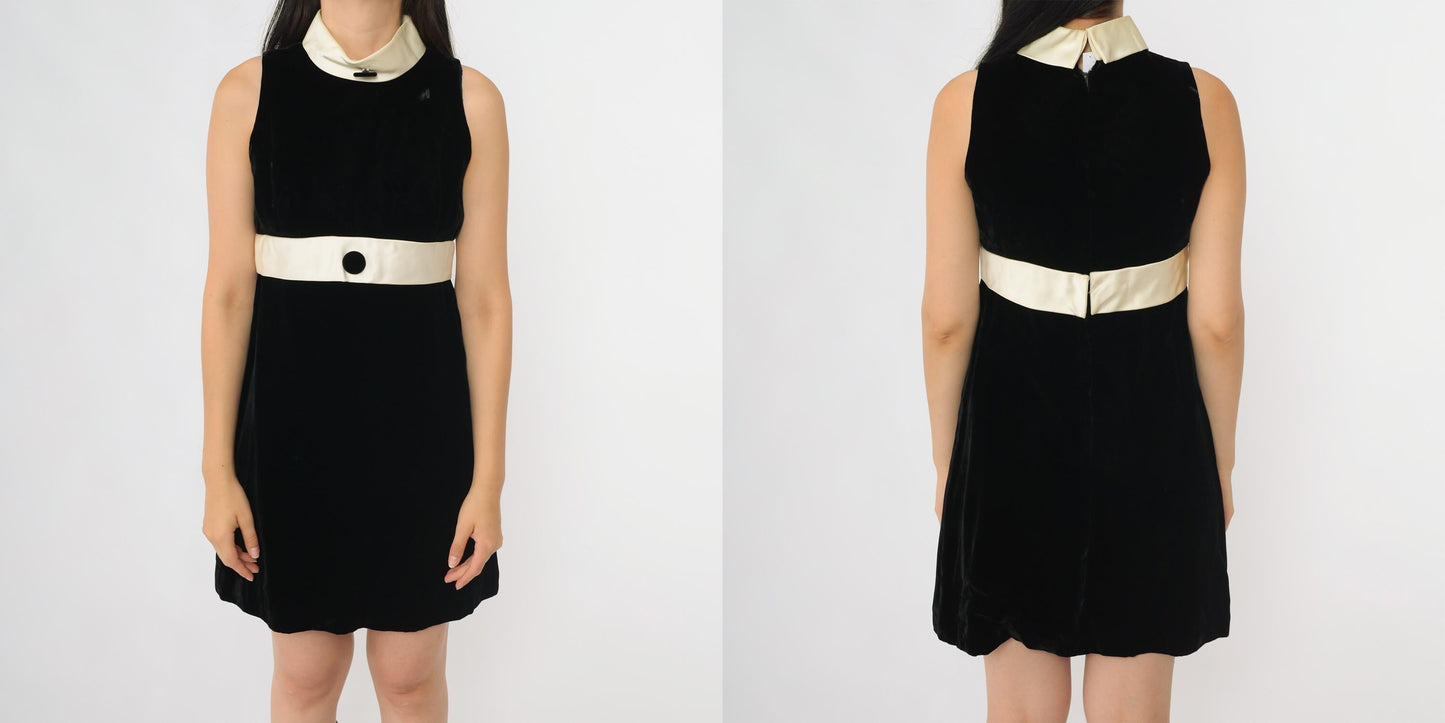 60s Black Velvet Mini Dress White Satin Collar Mod Sleeveless Small S