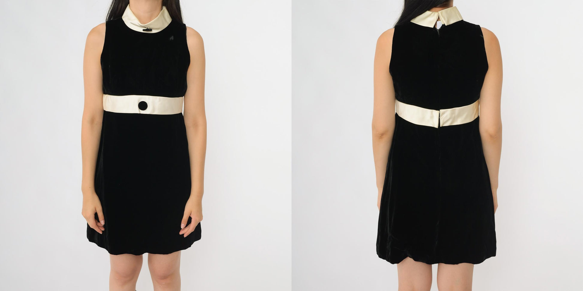 60s Black Velvet Mini Dress White Satin Collar Mod Sleeveless Small S