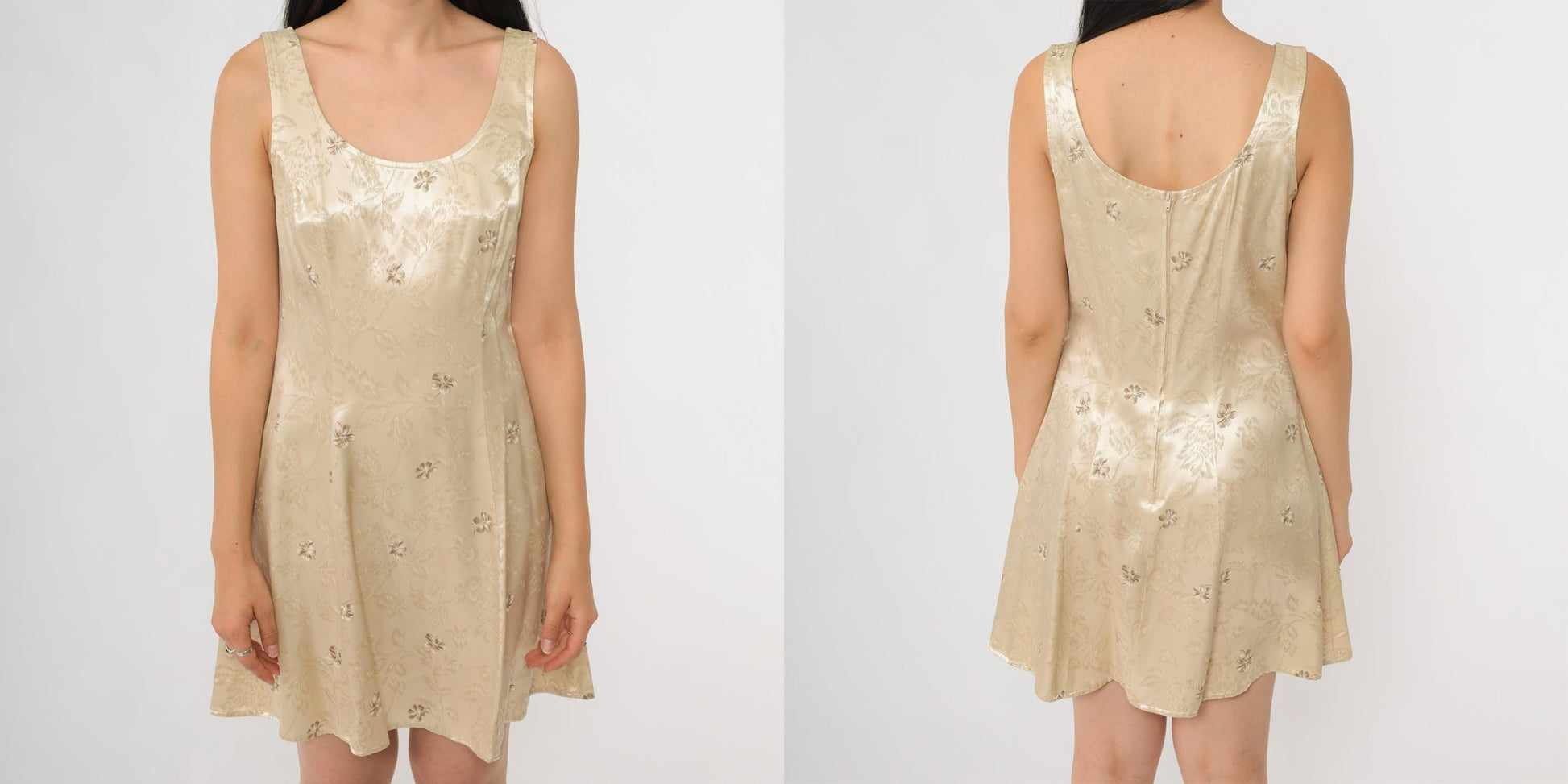 90s All That Jazz Champagne Satin Mini Slip Dress Floral Jacquard Tank Small