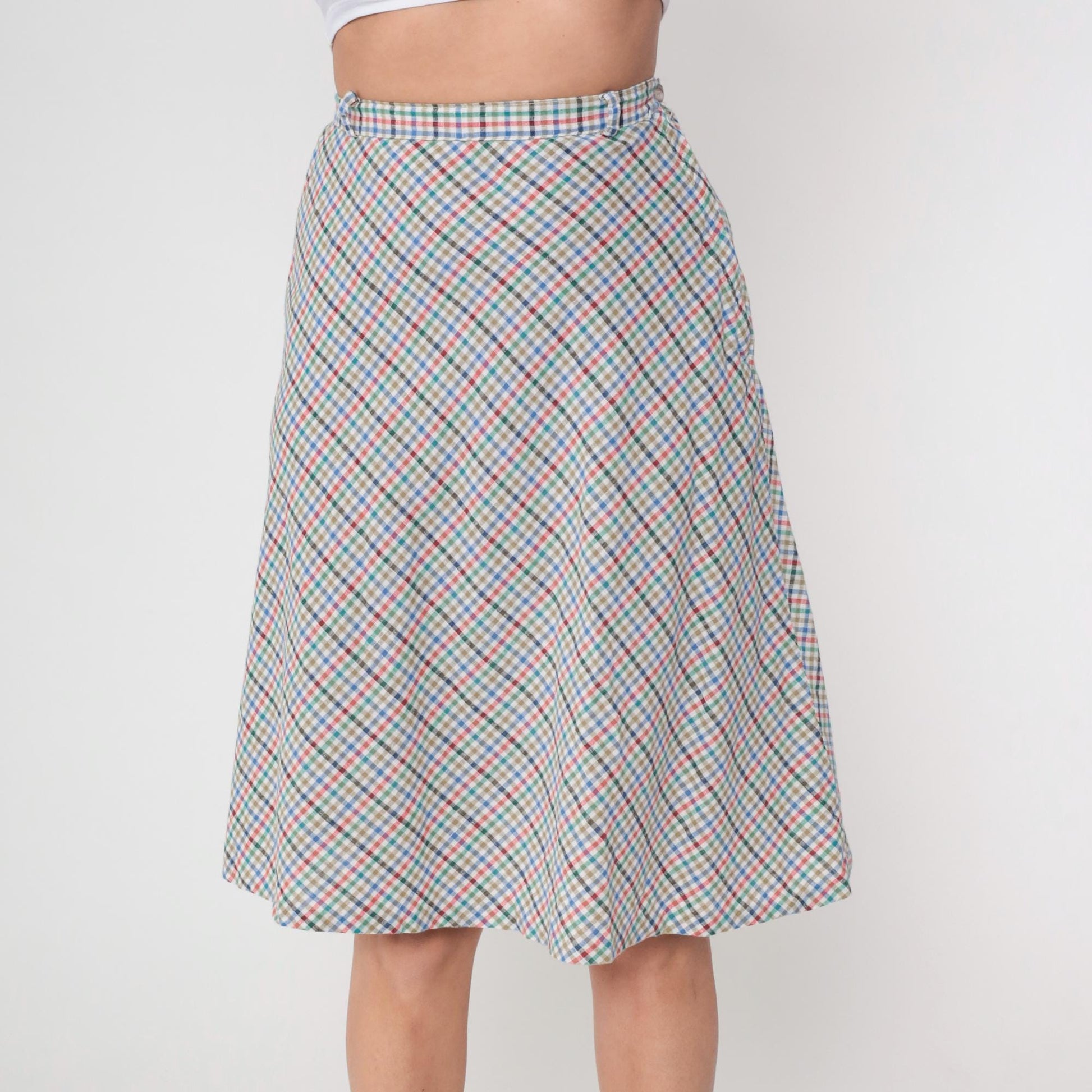 80s Plaid Mini Skirt High Waist Button Up Checkered Pink Blue Small