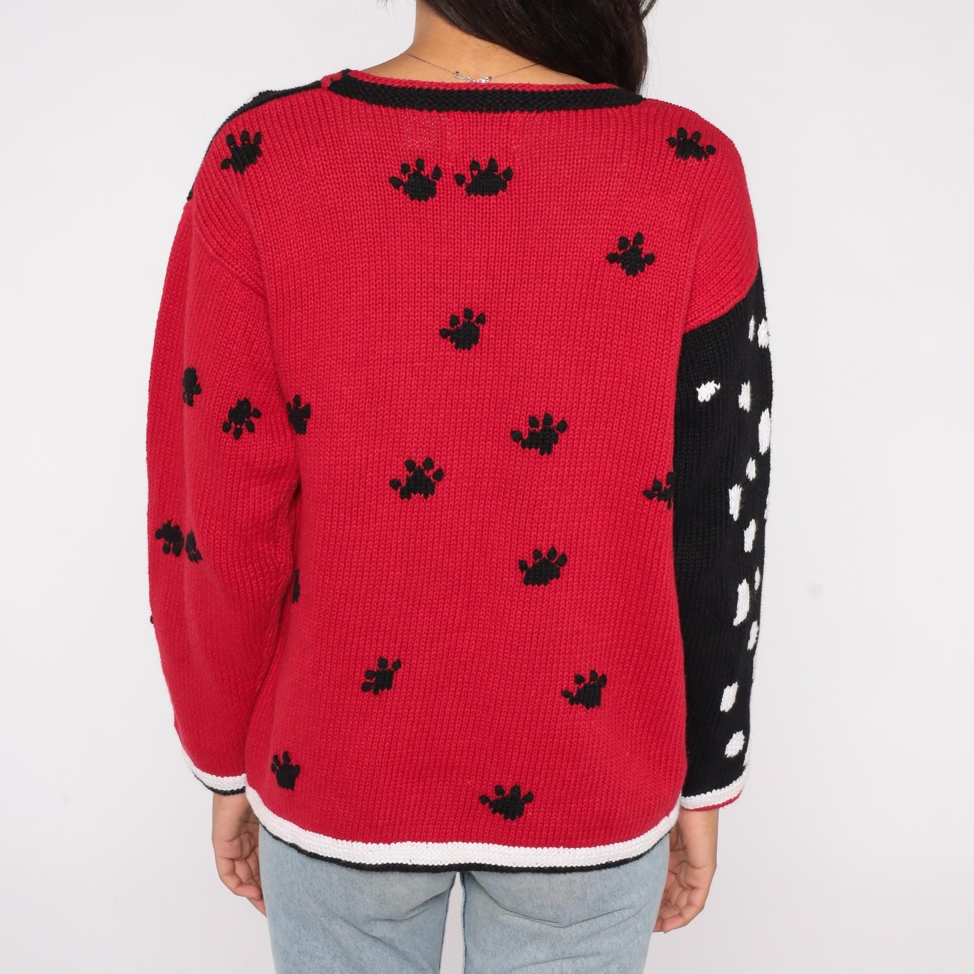 90s Storybook Knits Dalmatian Cardigan Black Red White Bone Buttons Small
