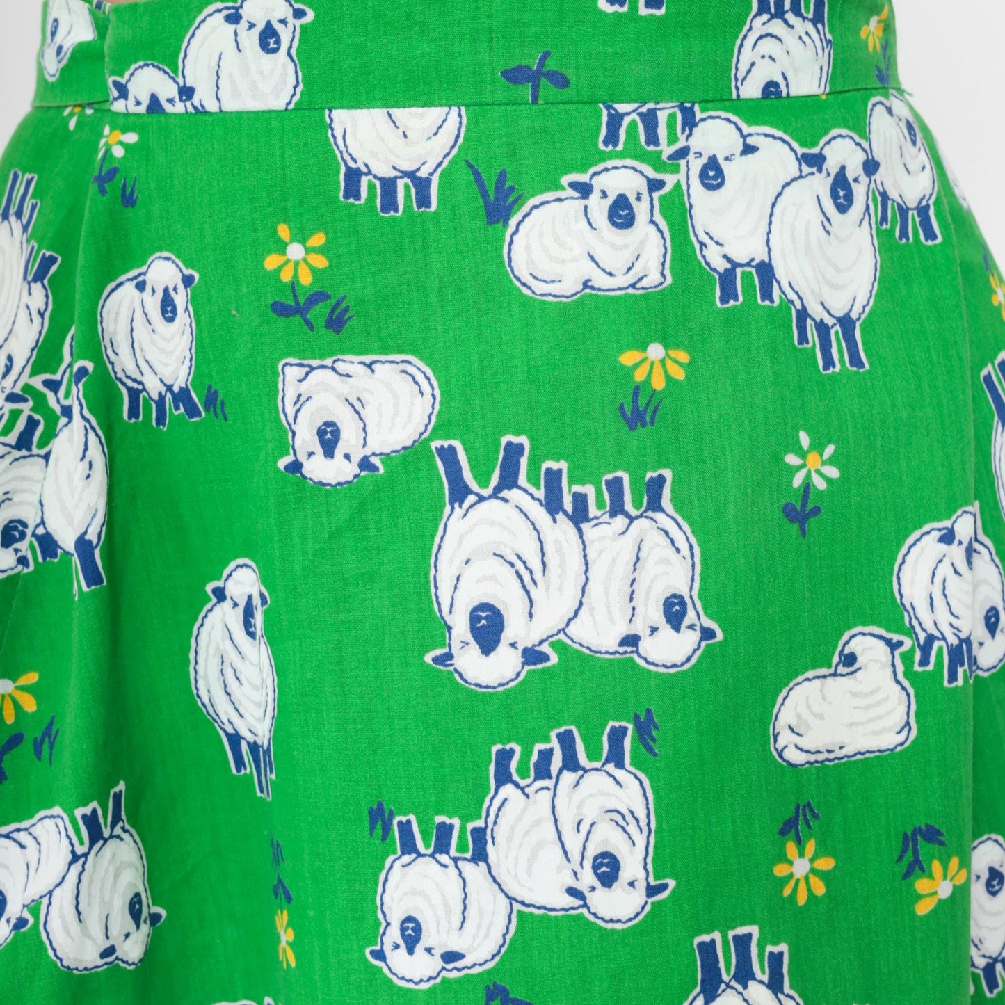 70s Sheep Print Midi Skirt Green A-Line Wrap Cotton Small Medium