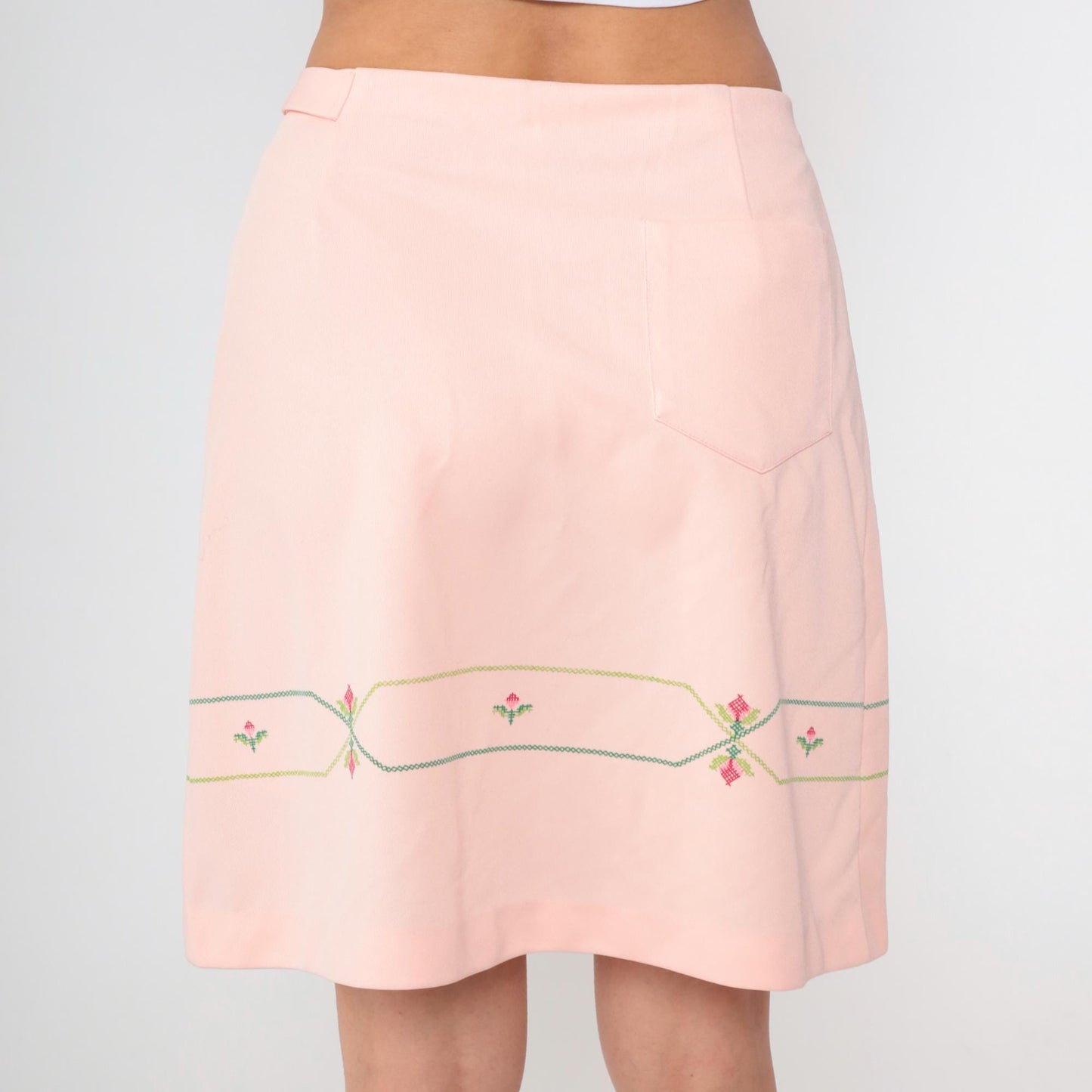 70s Pink Mini A-Line Skirt Cross Stitch Floral Bow Belt Medium