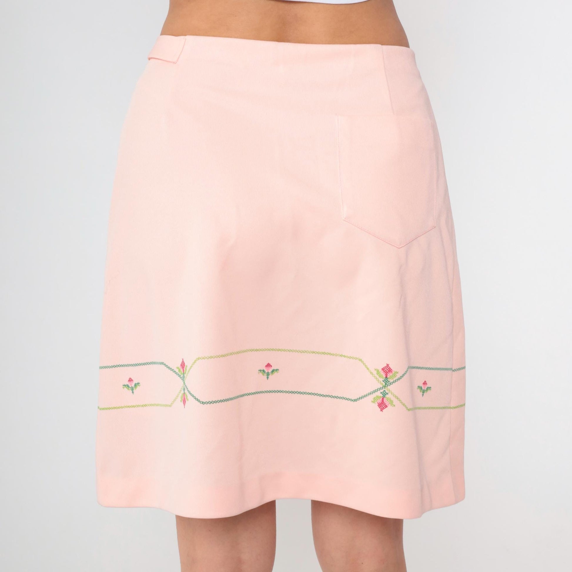 70s Pink Mini A-Line Skirt Cross Stitch Floral Bow Belt Medium
