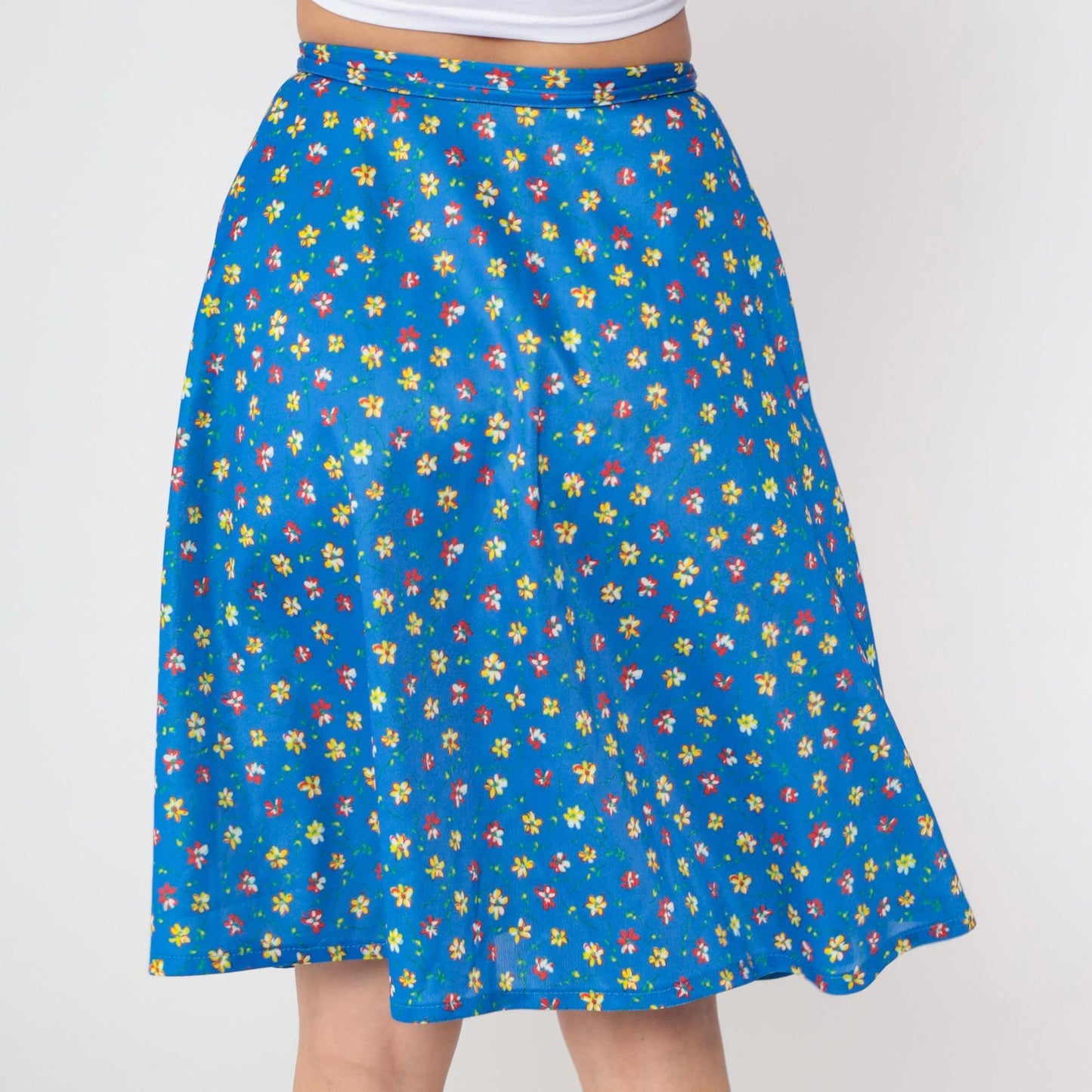 70s JC Penney Blue Floral Wrap Skirt Tie Waist Ditsy Print Small Medium