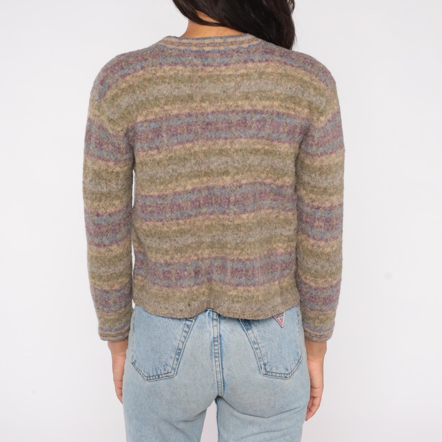 Y2K Wool Cardigan Frog Closure Sage Lavender Striped Cropped Petite Medium