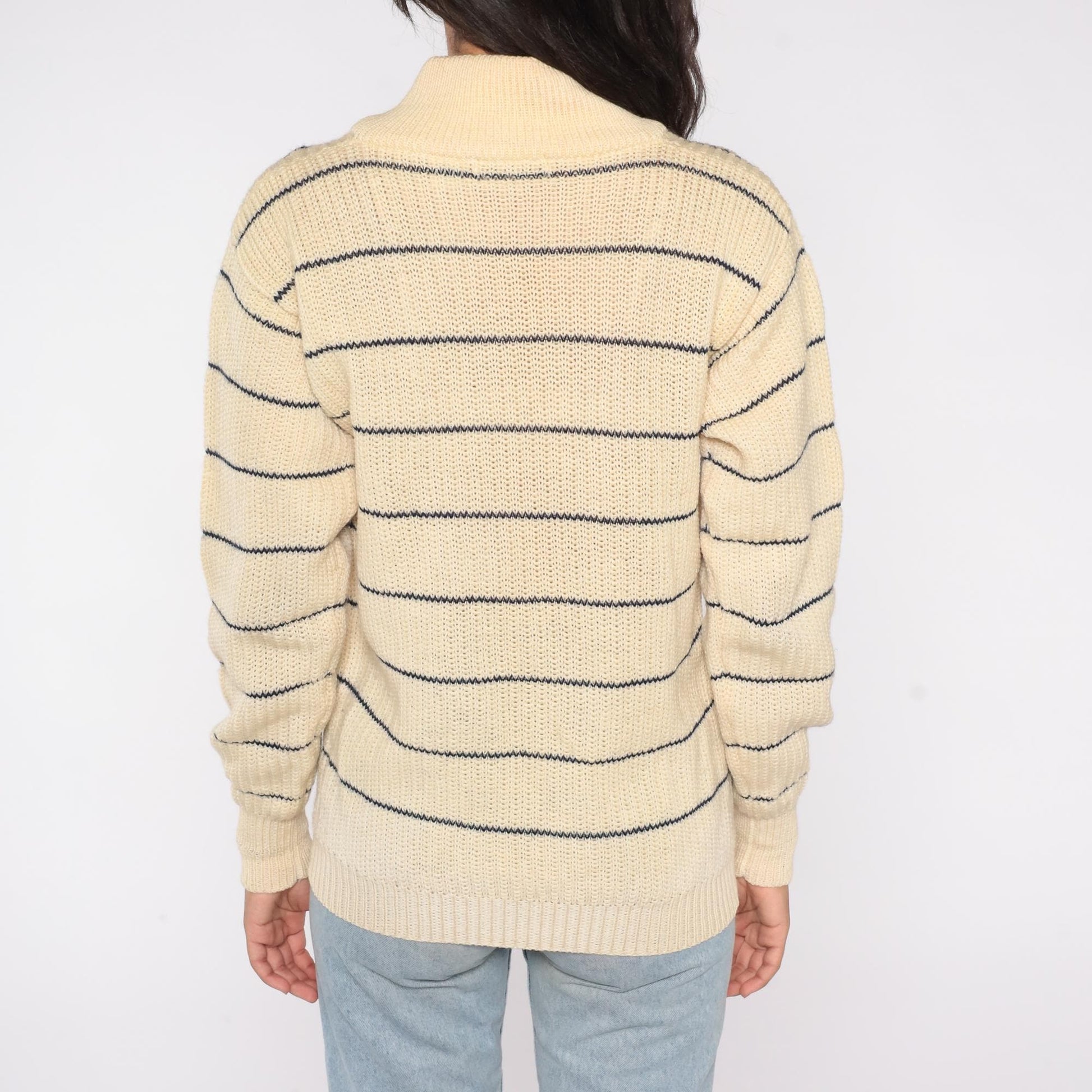 80s Hardy Amies London Wool Shawl Collar Sweater Cream Striped Medium