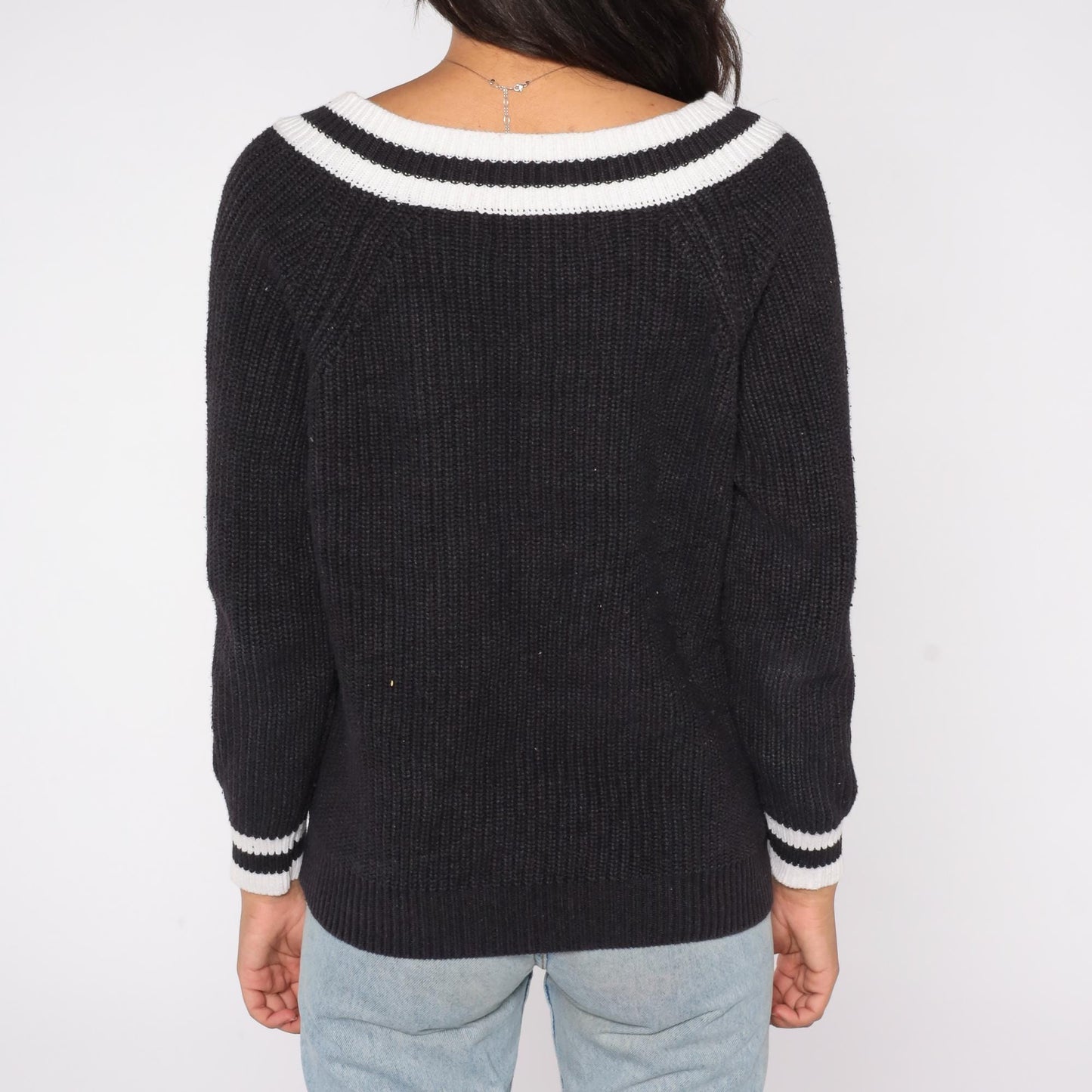 Y2K Black V-Neck Sweater White Trim Rib Knit Pullover Large L