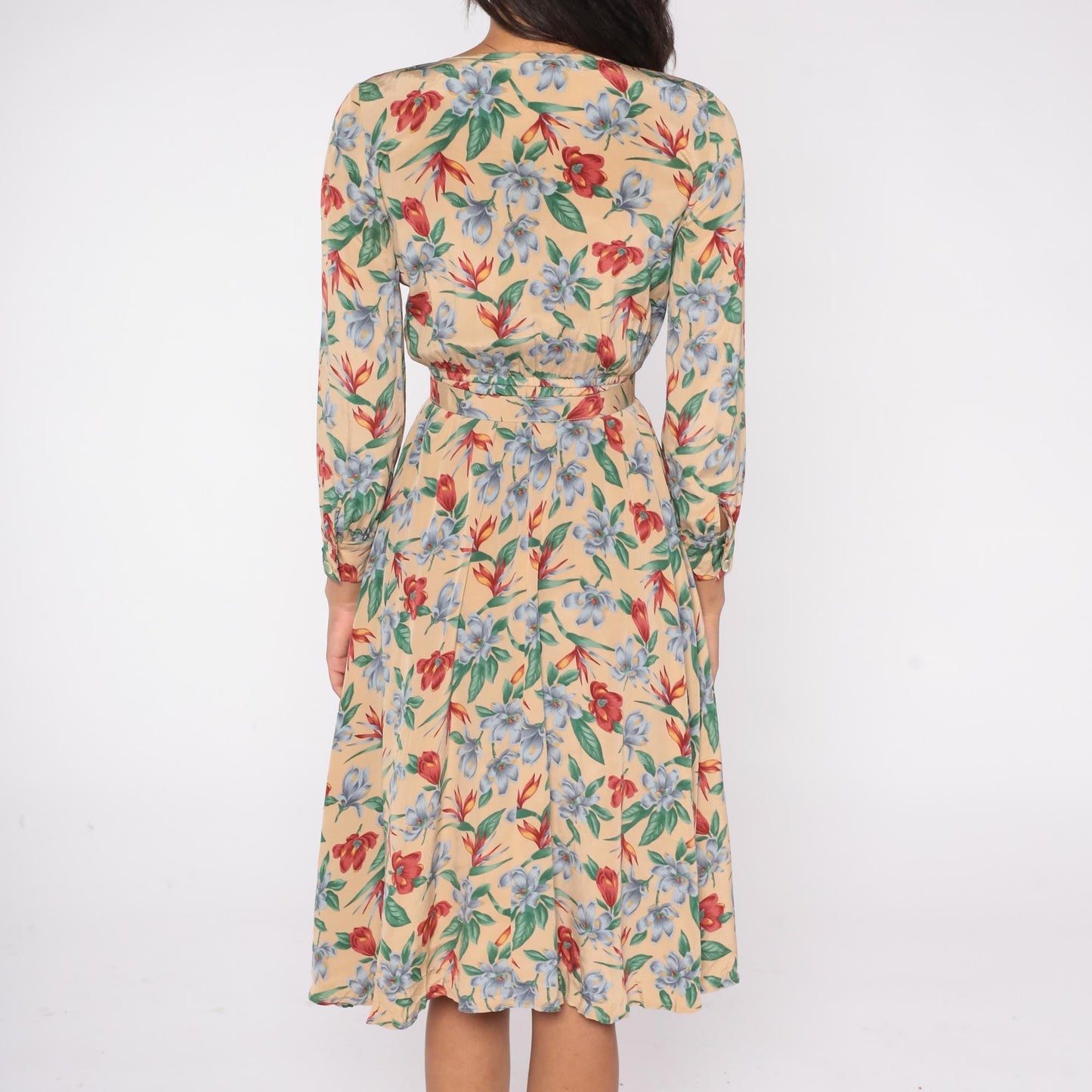 90s Liz Claiborne Floral Midi Dress Beige Rayon Button Front Belted Small