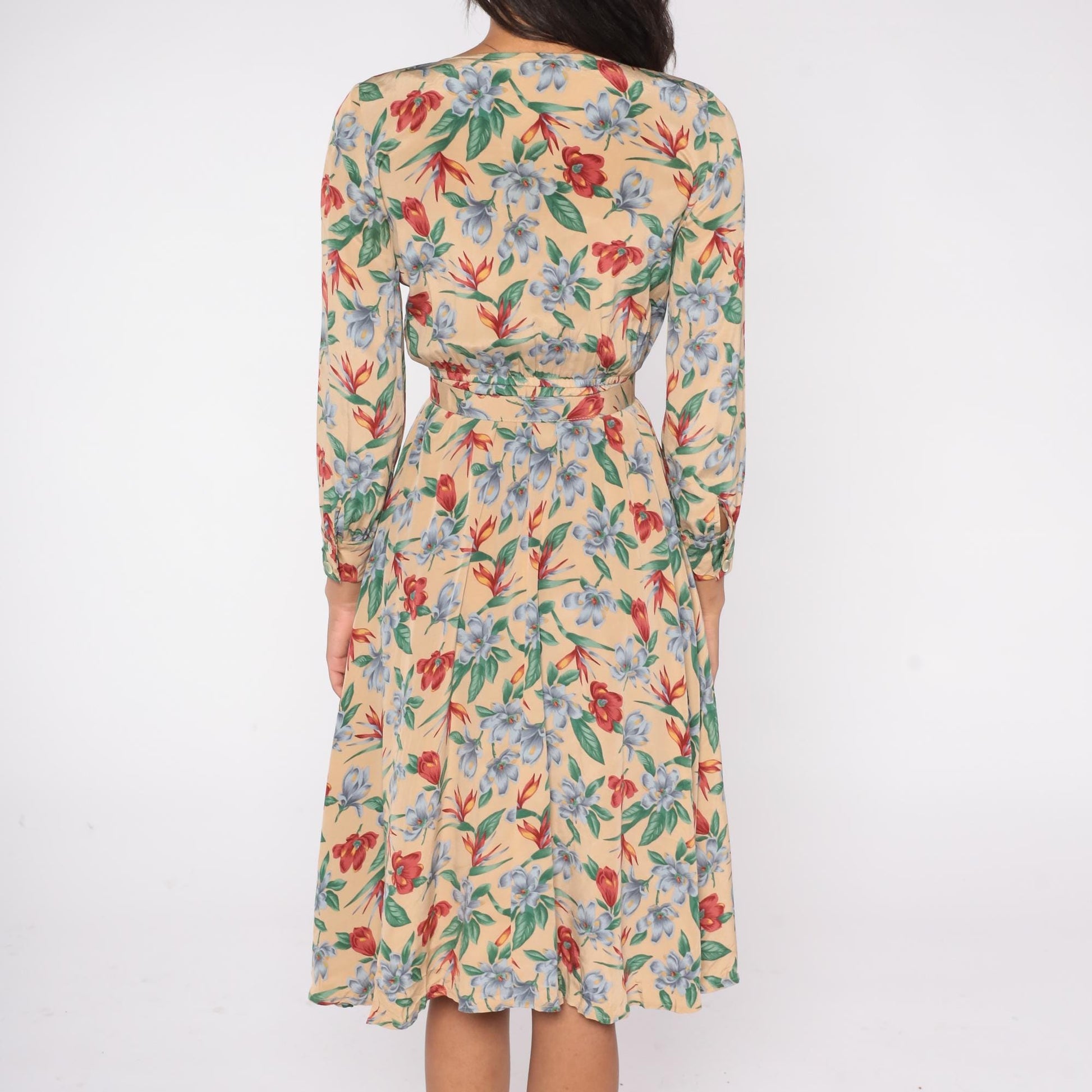 90s Liz Claiborne Floral Midi Dress Beige Rayon Button Front Belted Small