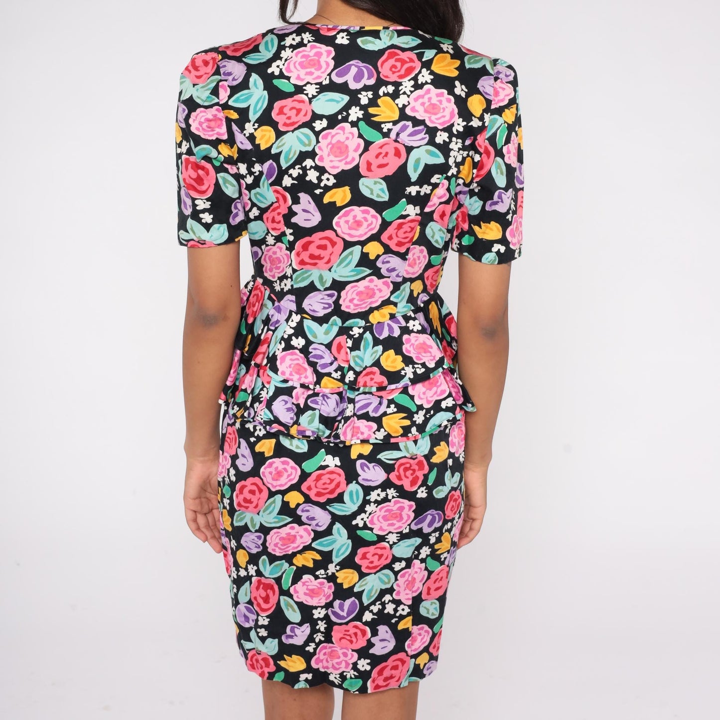 90s Petite Dimensions Floral Peplum Dress Black Cotton Button Front Small