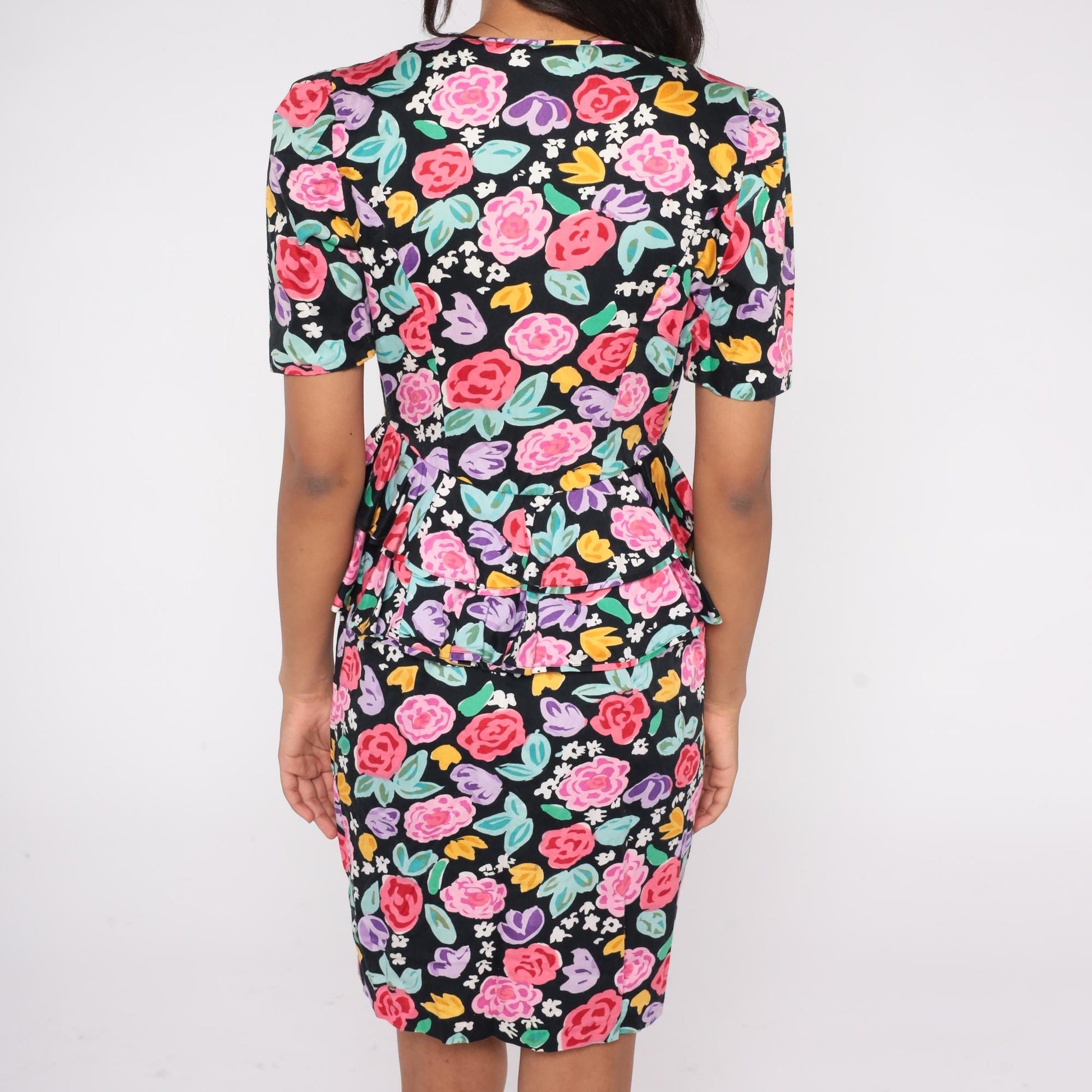 90s Petite Dimensions Floral Peplum Dress Black Cotton Button Front Small
