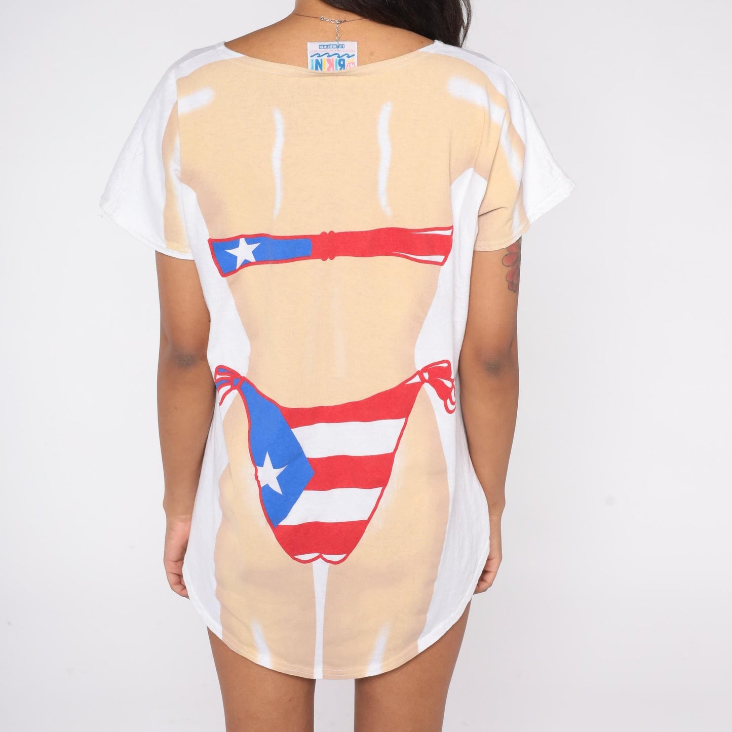 90s My Bikini Puerto Rico Flag Novelty Tee White Cotton Beach Cover Up