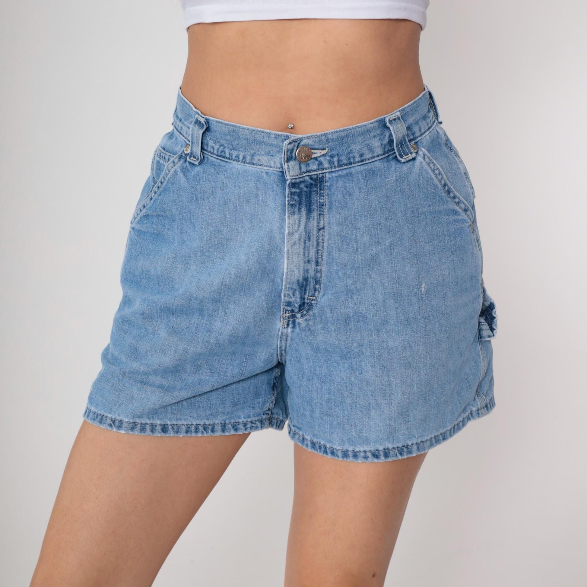 Lee 90s Blue Denim Cargo Shorts High Waist Elastic Medium