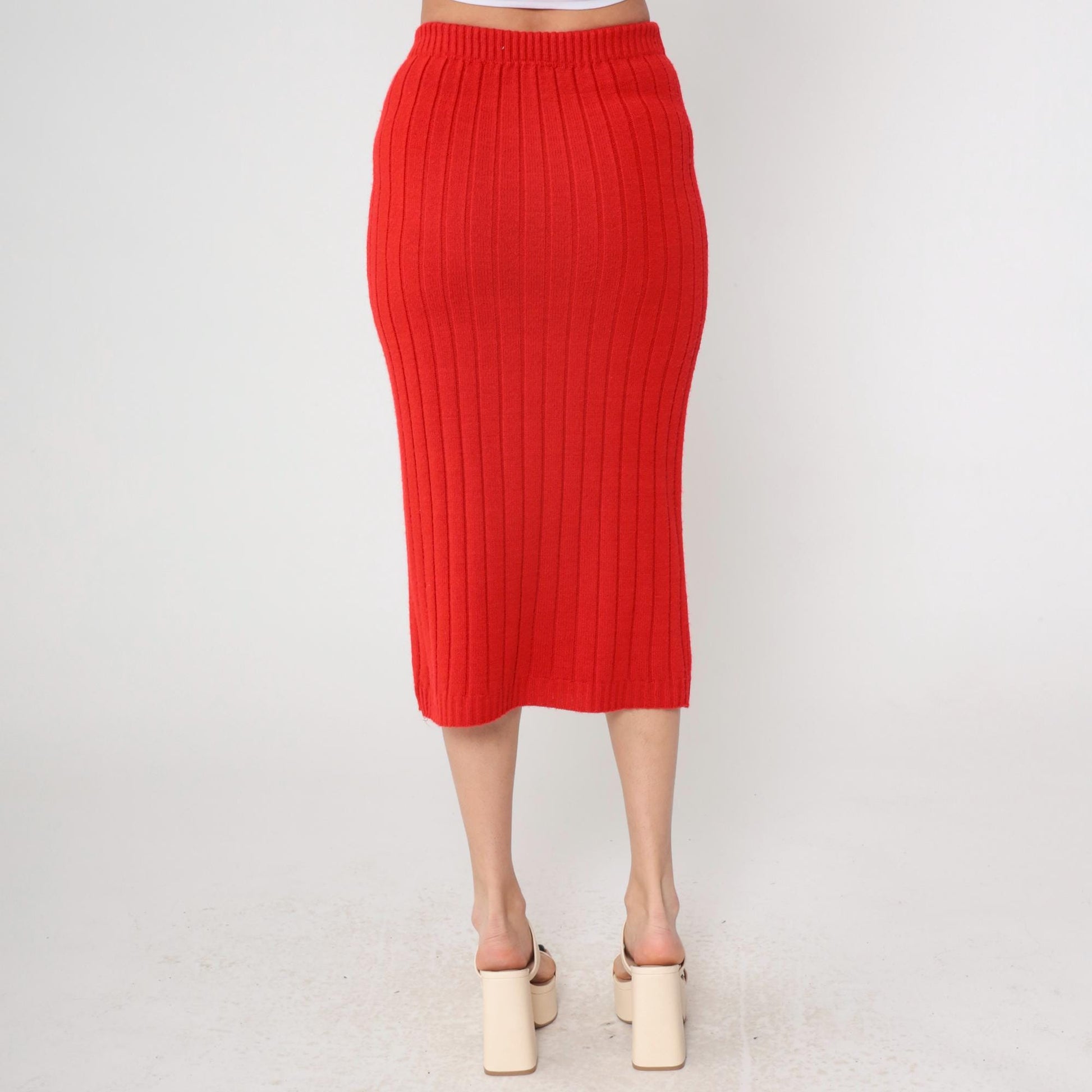 70s Red Ribbed Knit Mini Skirt High Waist A-Line Small