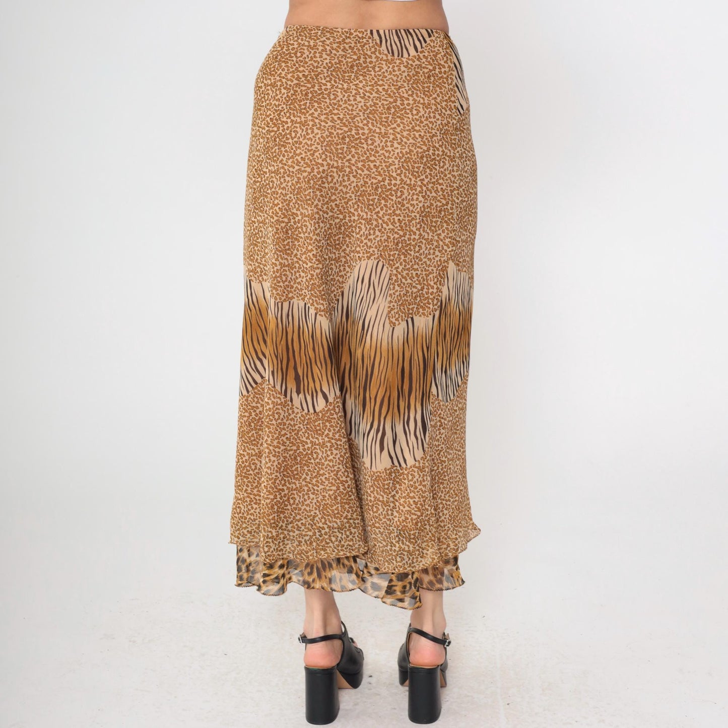 Y2K Mixed Animal Print Midi Skirt Leopard Zebra Cheetah Tiered Ruffle Medium