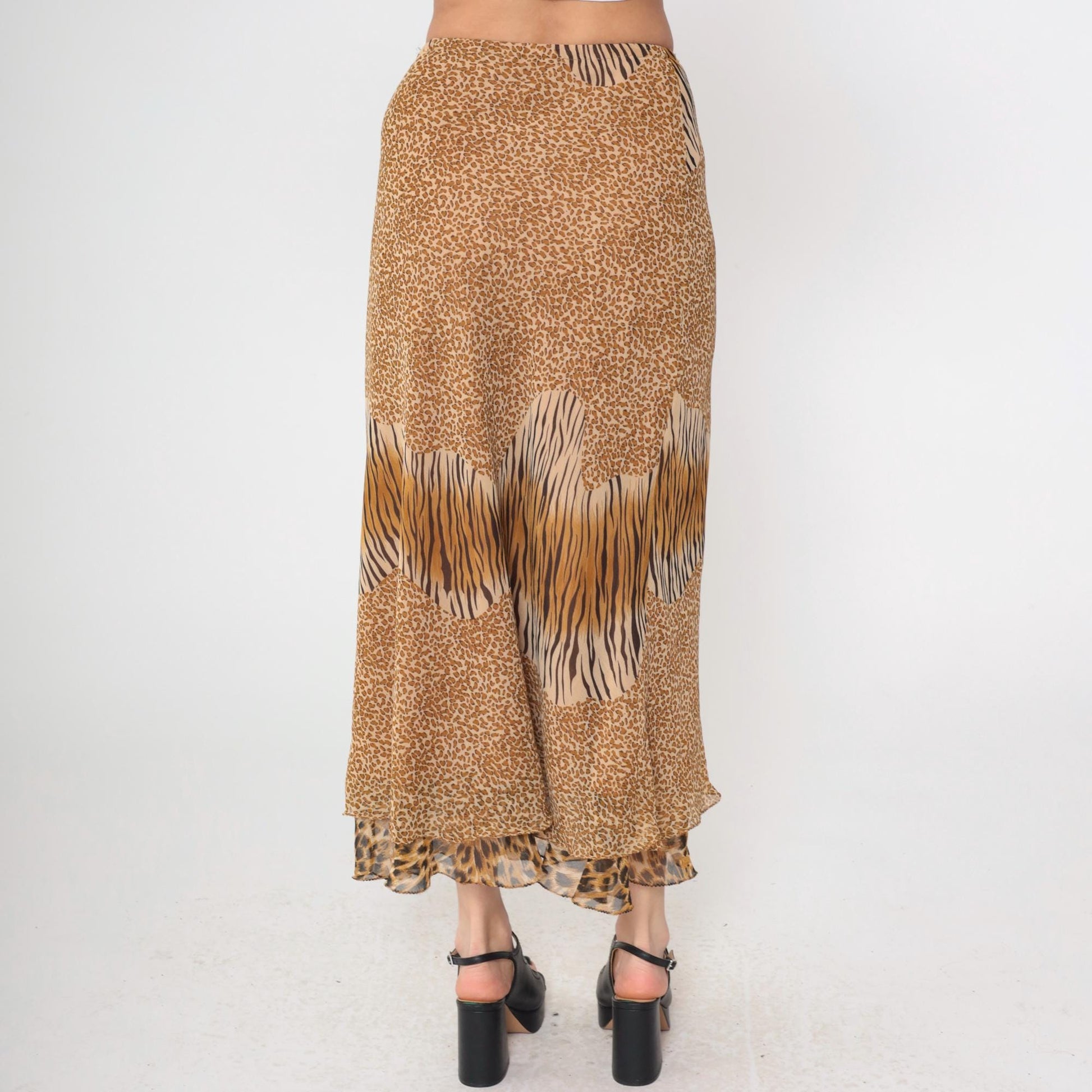 Y2K Mixed Animal Print Midi Skirt Leopard Zebra Cheetah Tiered Ruffle Medium