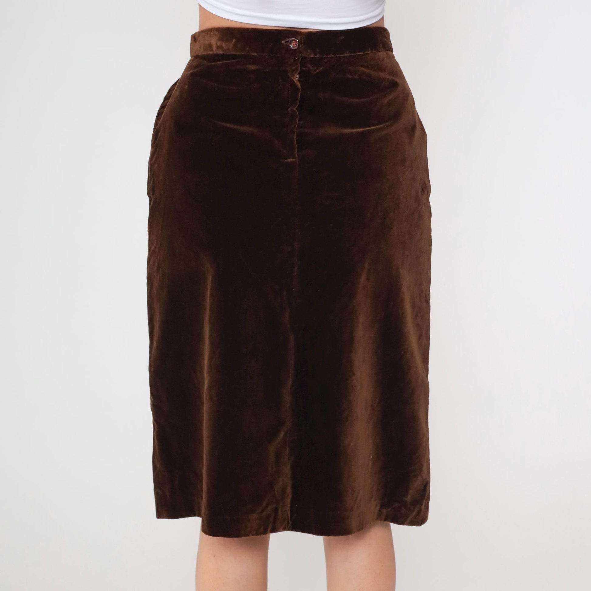 70s Brown Velvet Mini Skirt High Waist A-Line Small