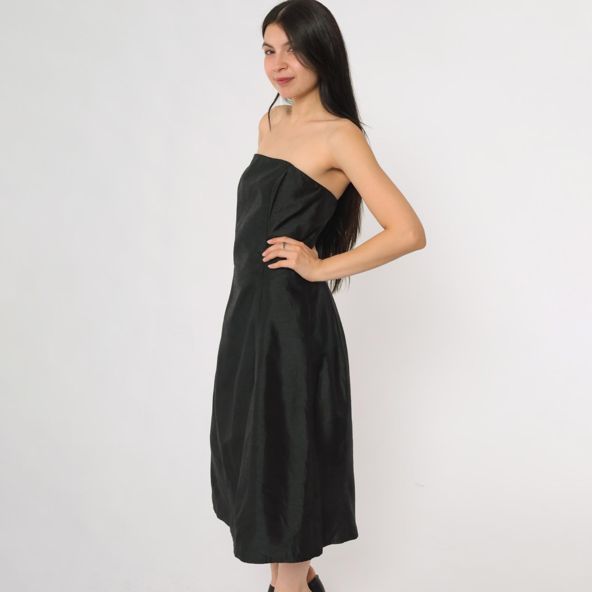 90s ABS Evening Black Strapless Cocktail Dress Midi Small S