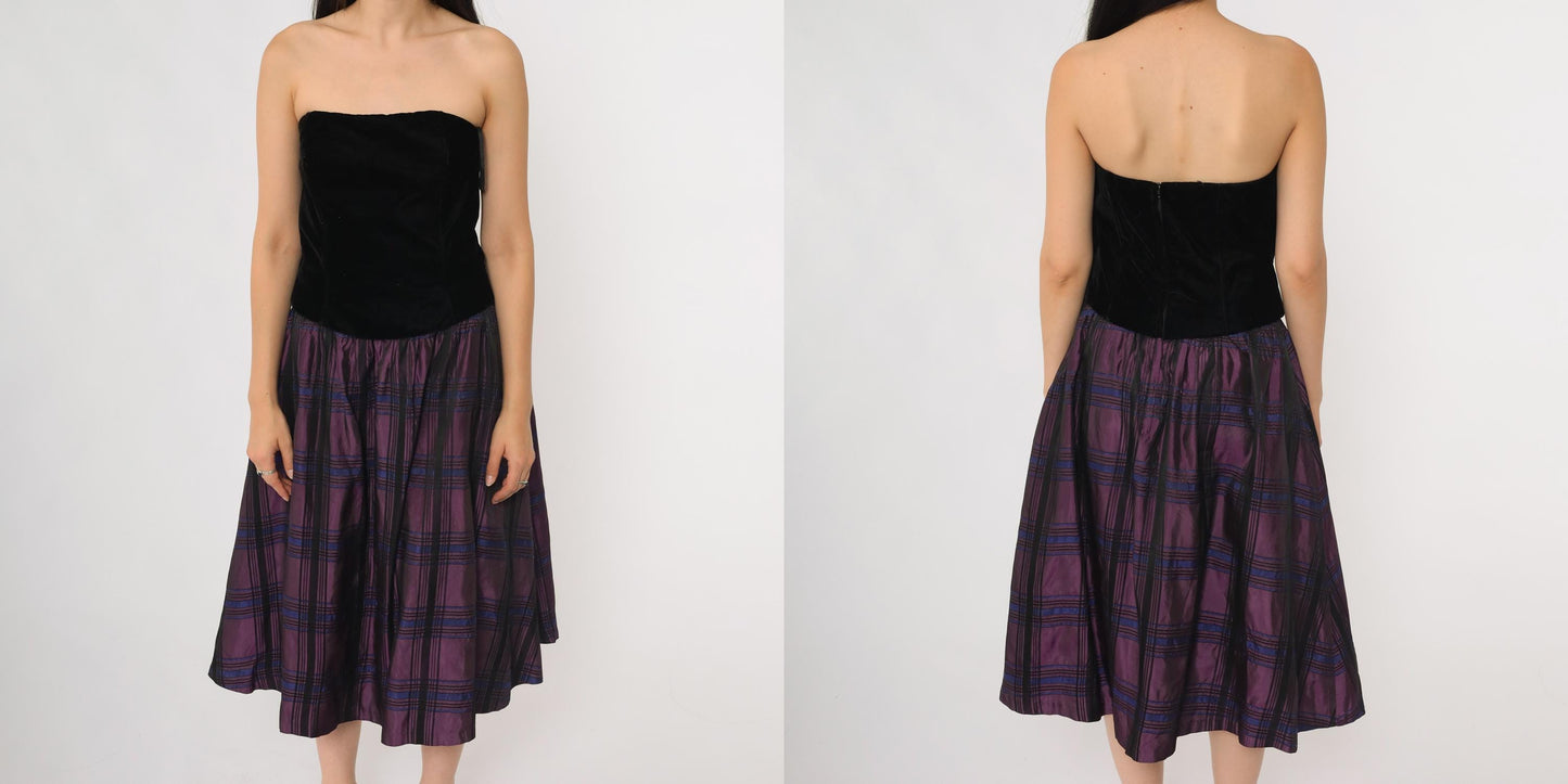 90s Scott McClintock Strapless Velvet Bodice Party Dress Purple Plaid Small