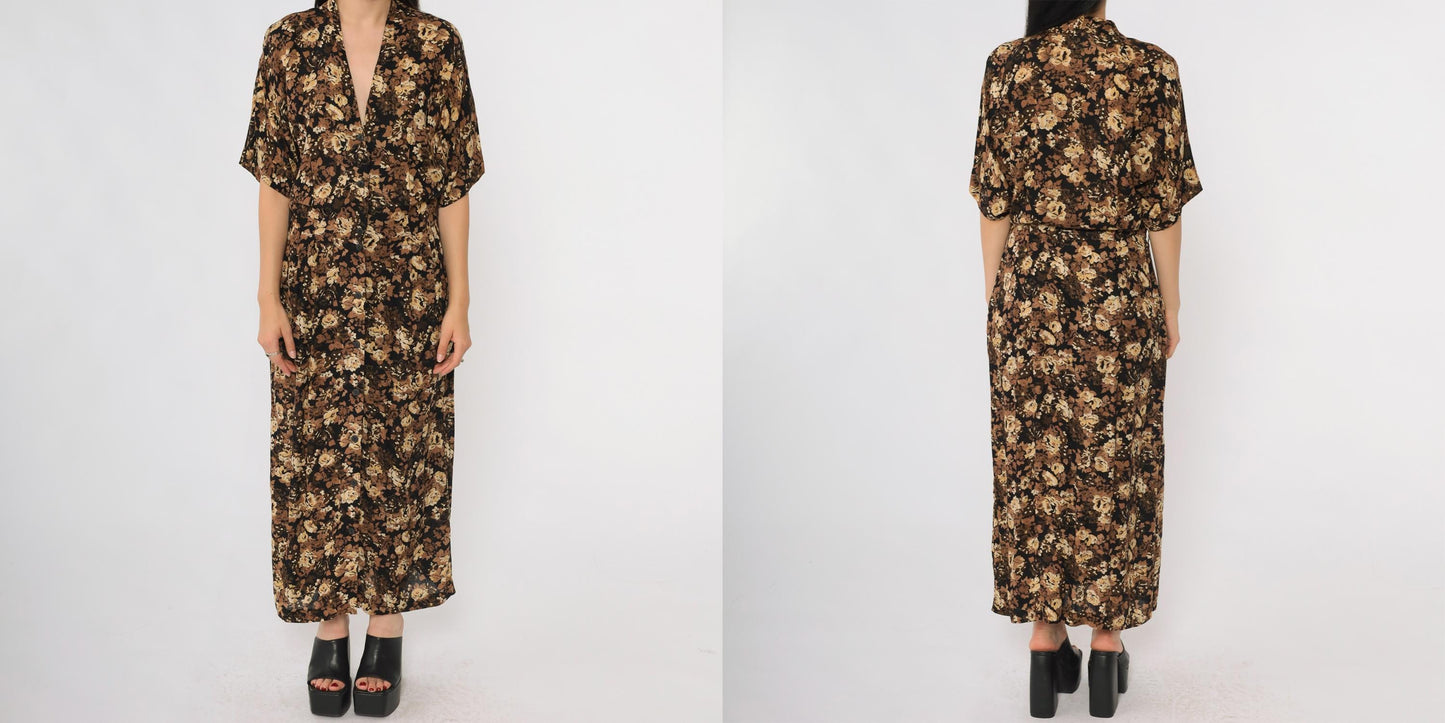 90s Rabbit Designs Floral Maxi Dress Black Rose Print Button Front Medium
