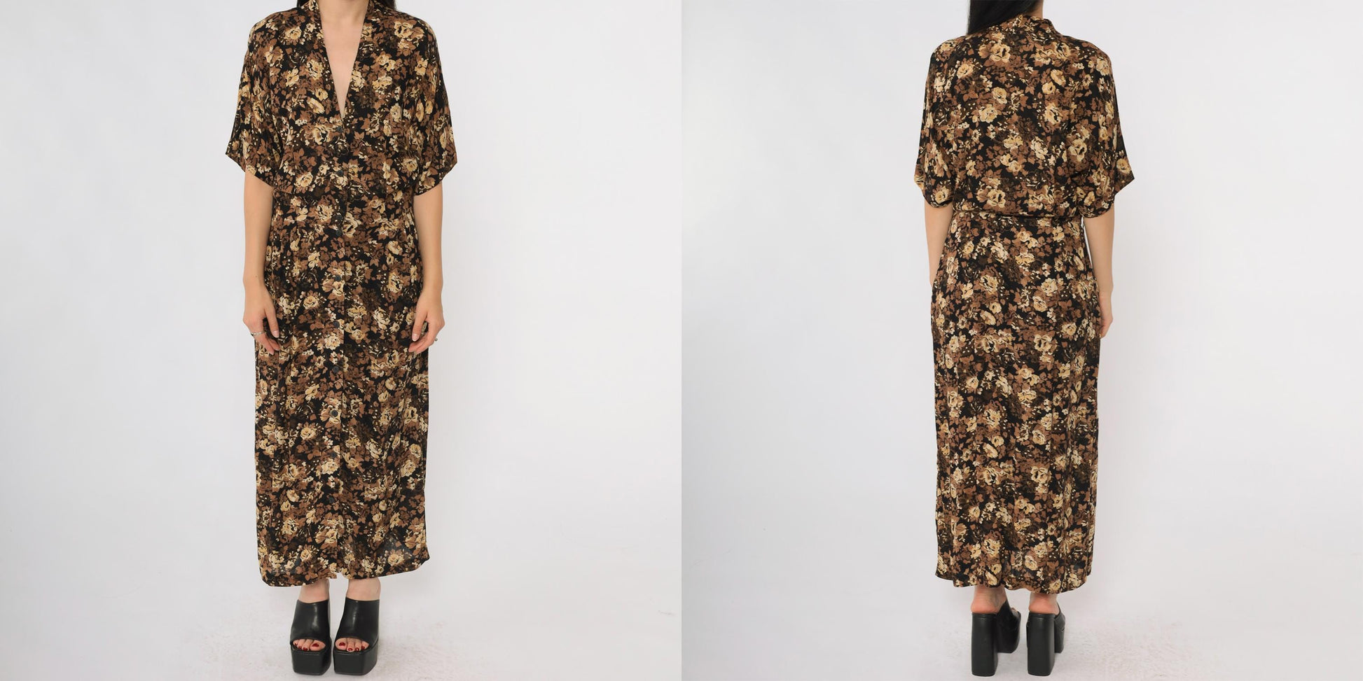 90s Rabbit Designs Floral Maxi Dress Black Rose Print Button Front Medium