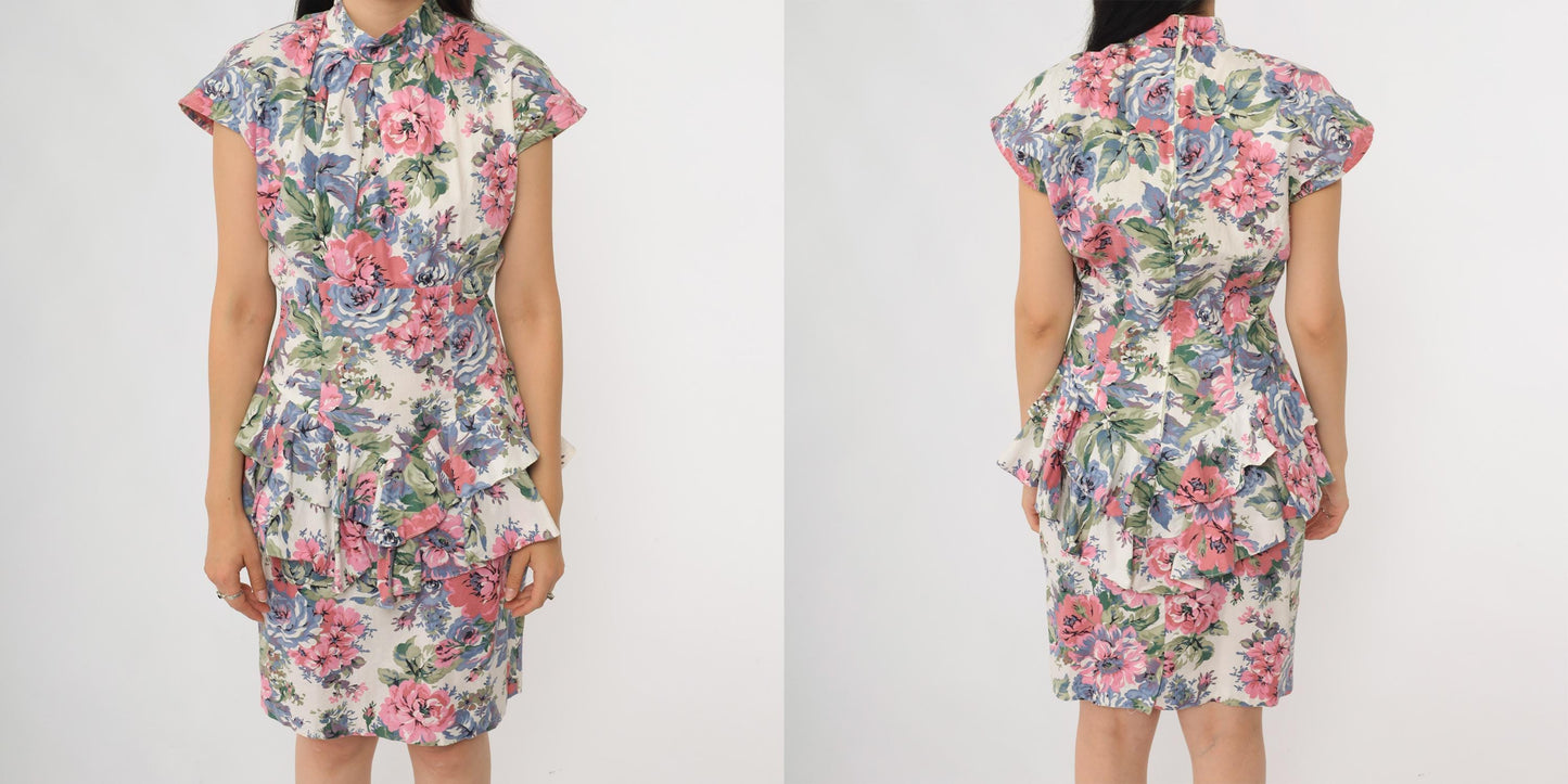 90s Teal Floral Mini Dress Button Front High Neck Flutter Sleeve Small